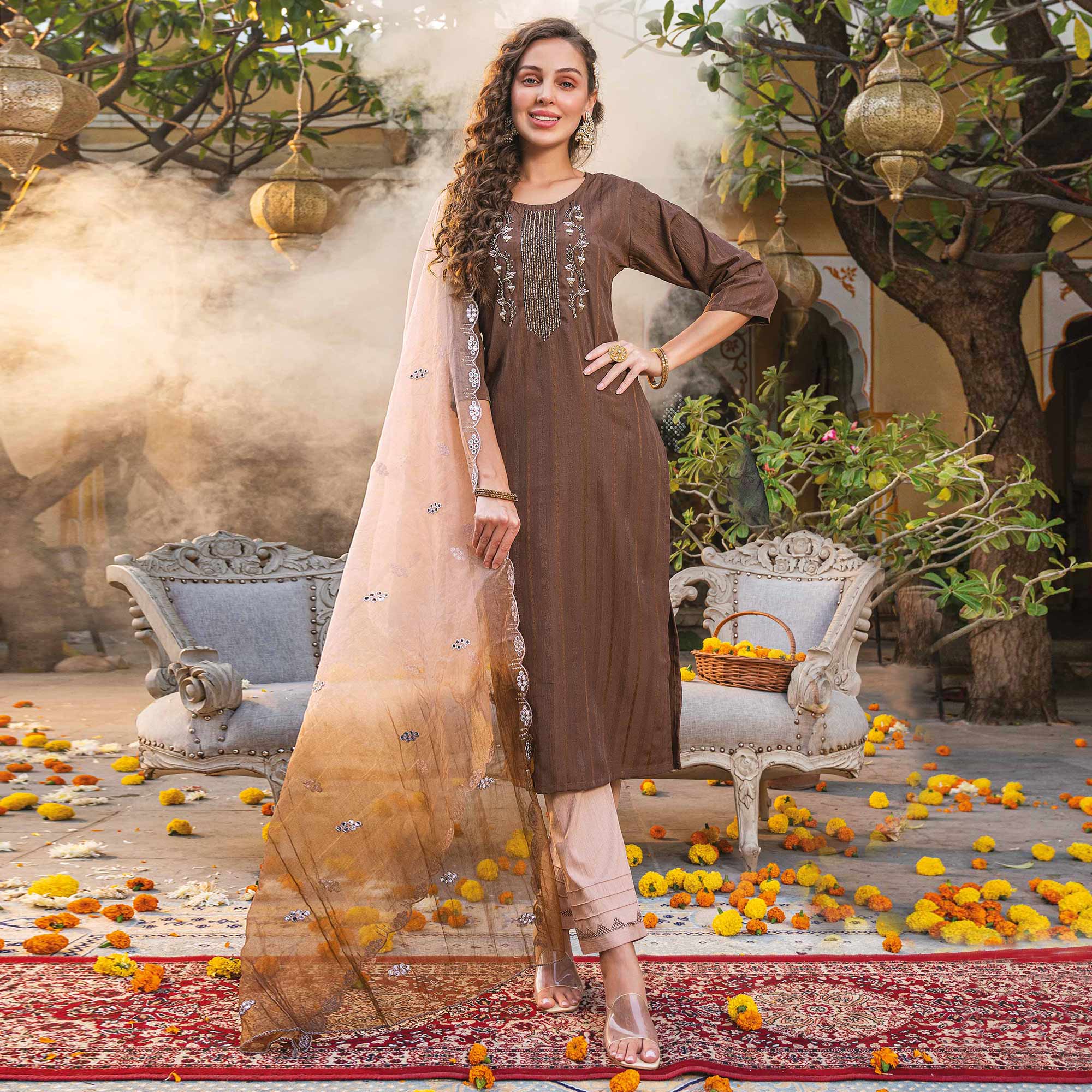 Brown Embellished Viscose Salwar Suit