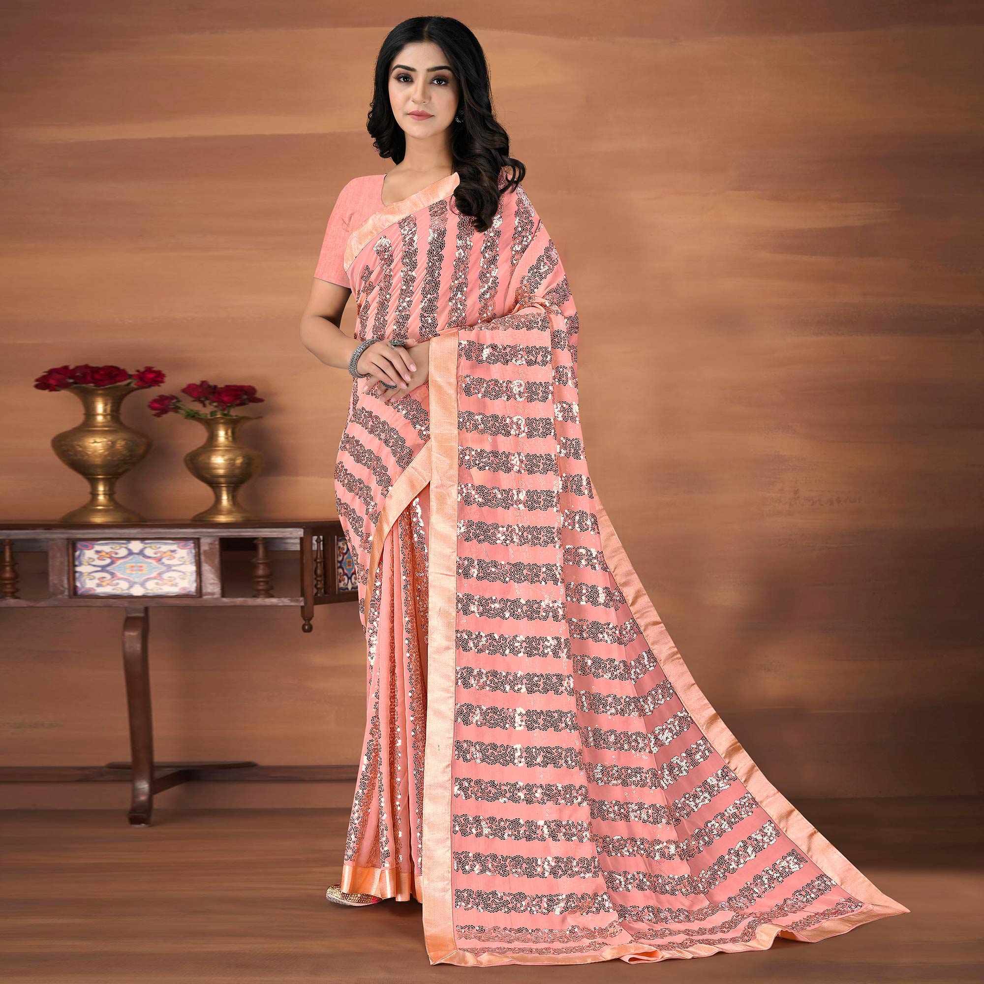 Pink Sequins Embroidered Georgette Saree