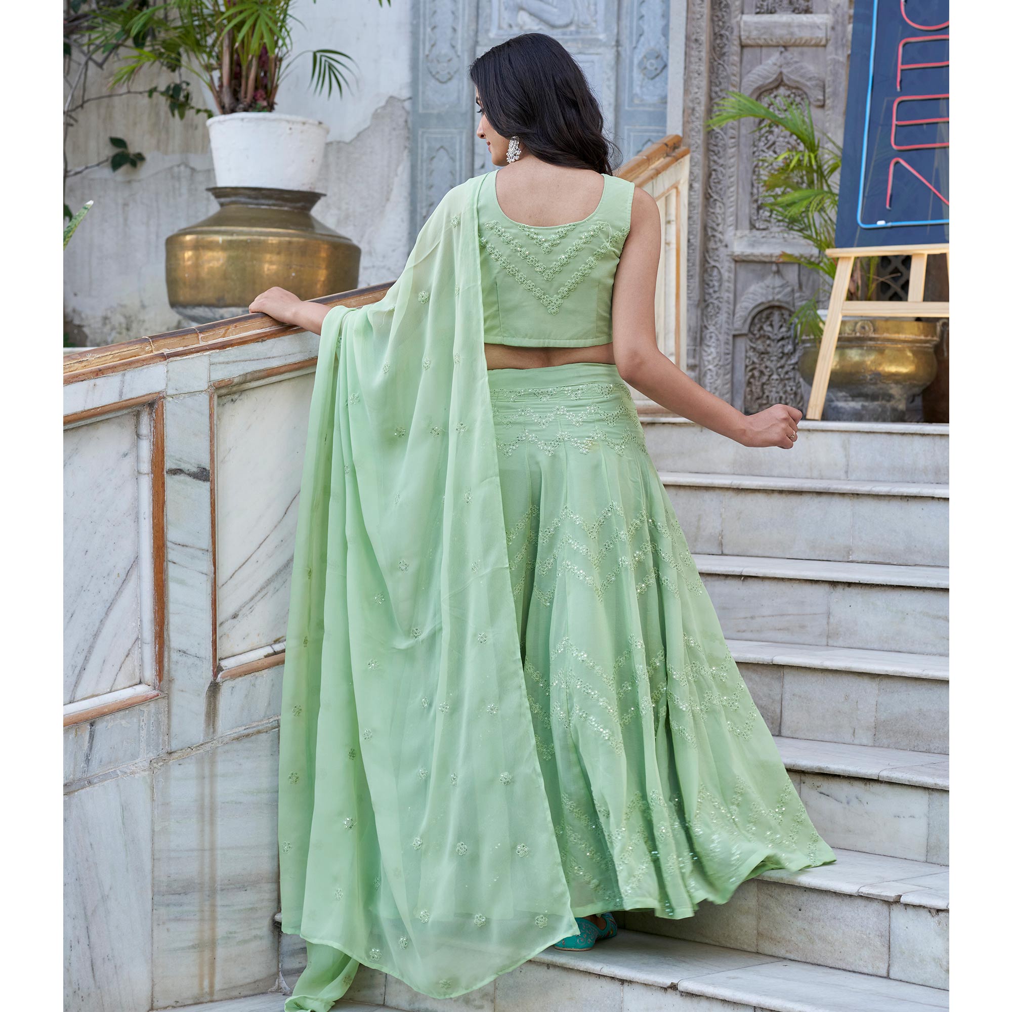 Green Sequins Embroidered Viscose Georgette Lehenga Choli