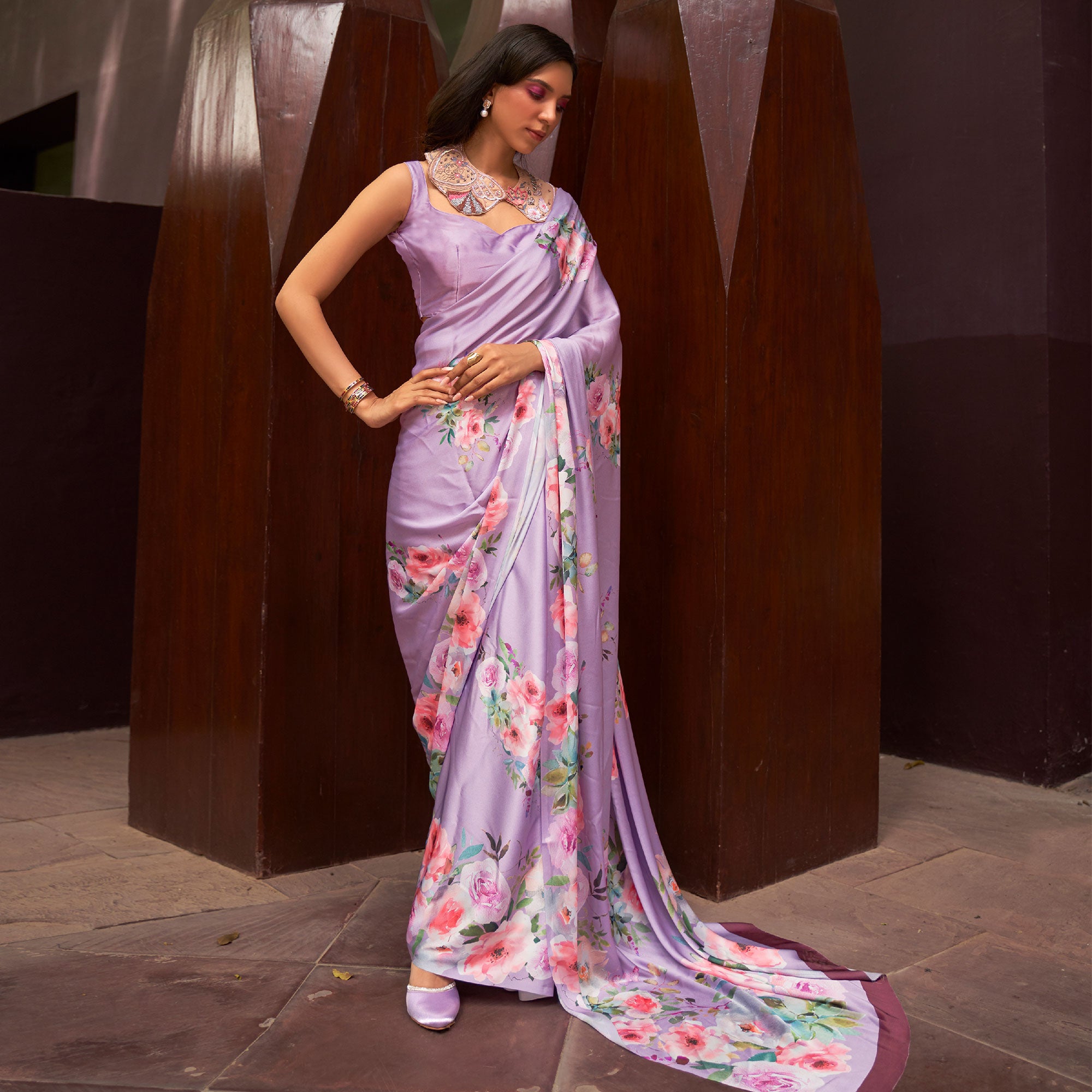 Light Purple Floral Digital Printed Satin Saree