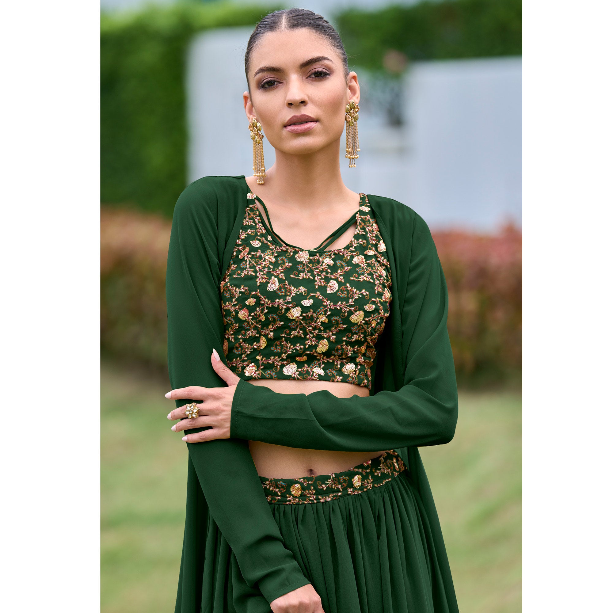 Green Sequins Embroidered Georgette Lehenga Choli With Shrug
