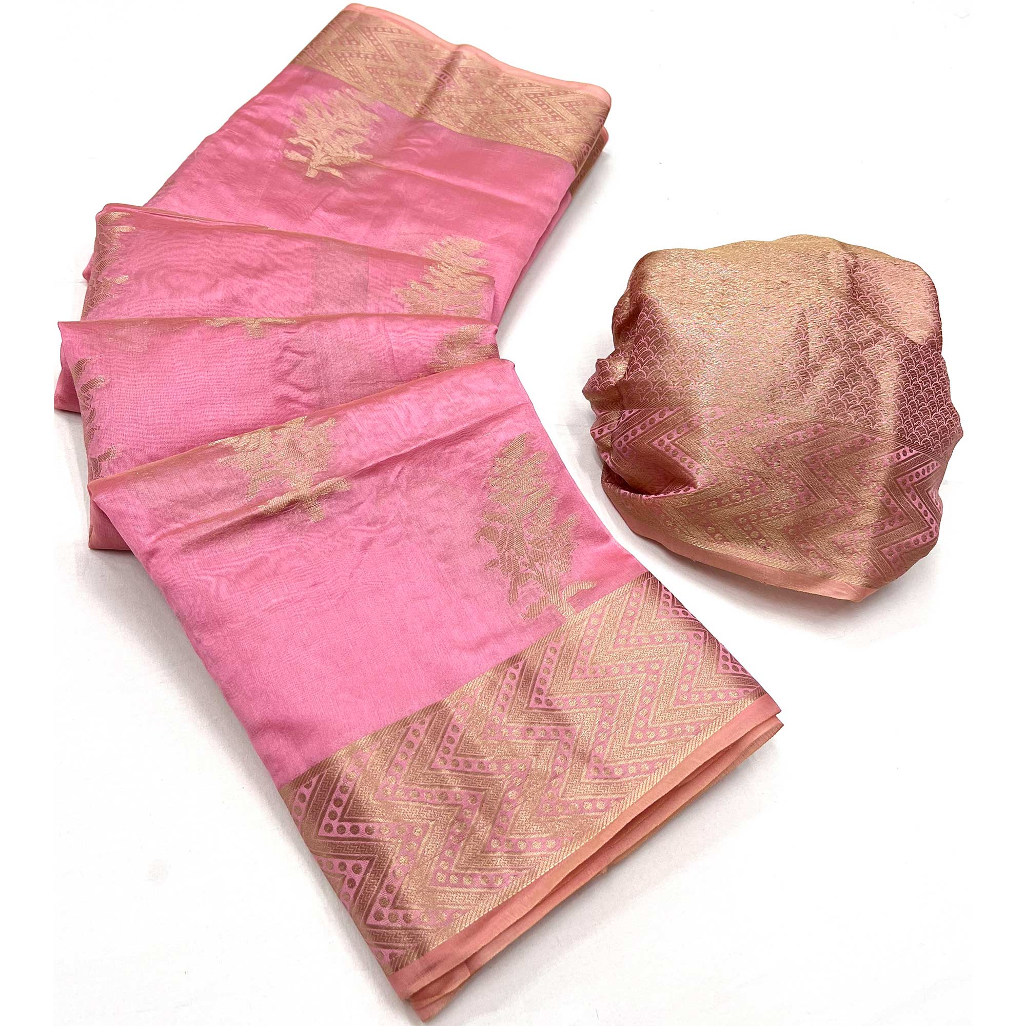 Pink Floral Woven Organza Saree