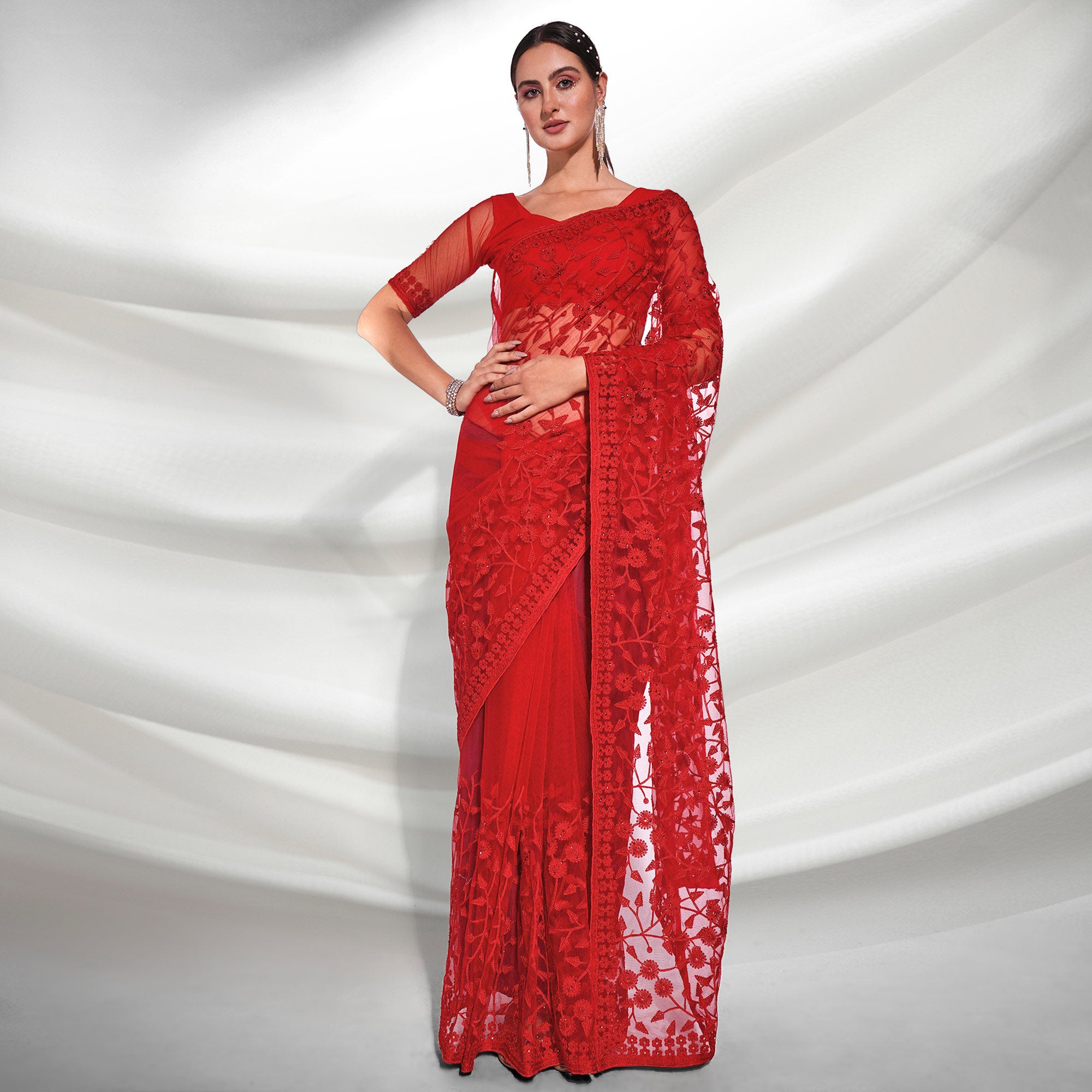 Red Floral Embroidered Soft Net Saree