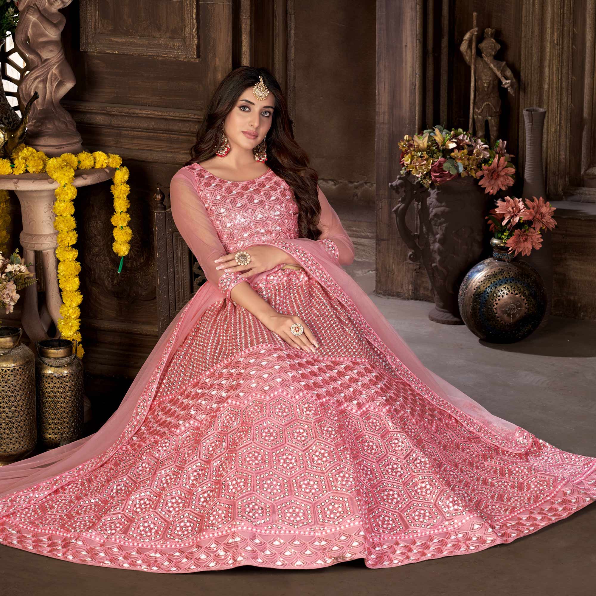 Pink Sequins Embroidered Netted Lehenga Choli