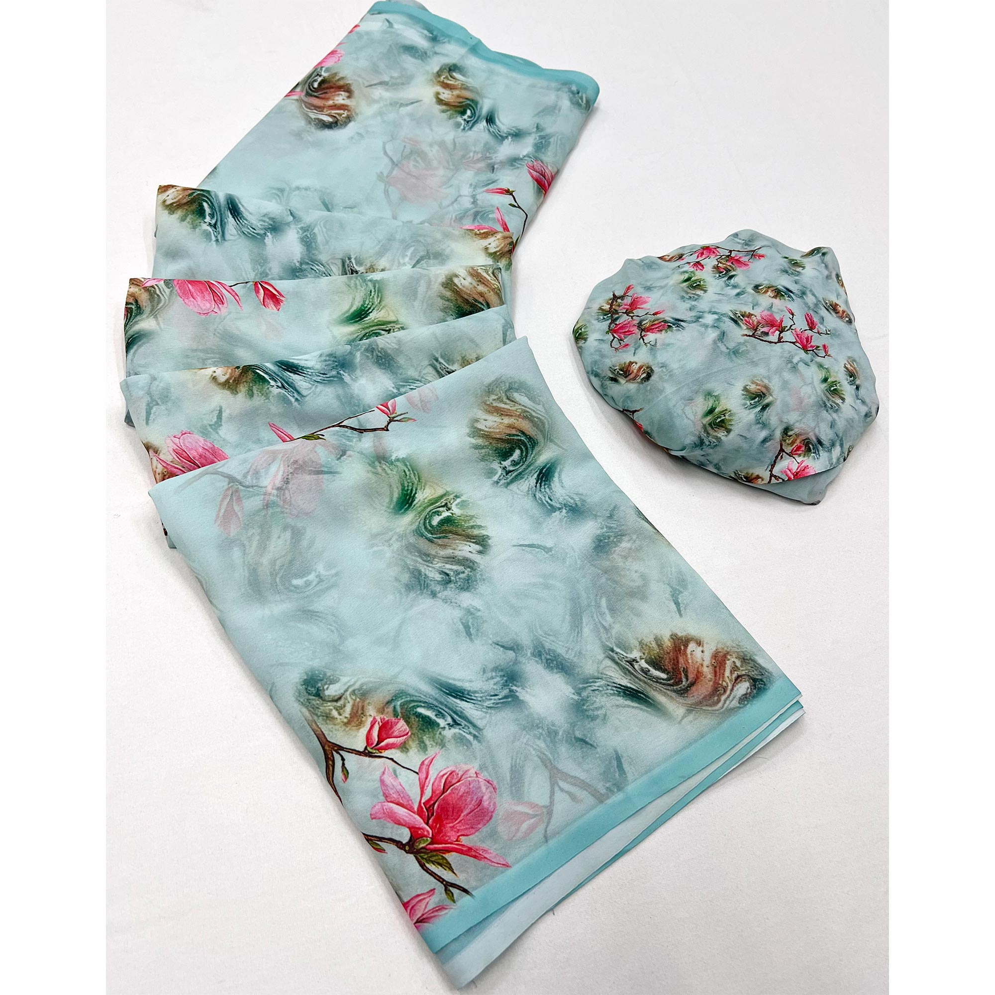 Blue Floral Digital Printed Georgette Saree