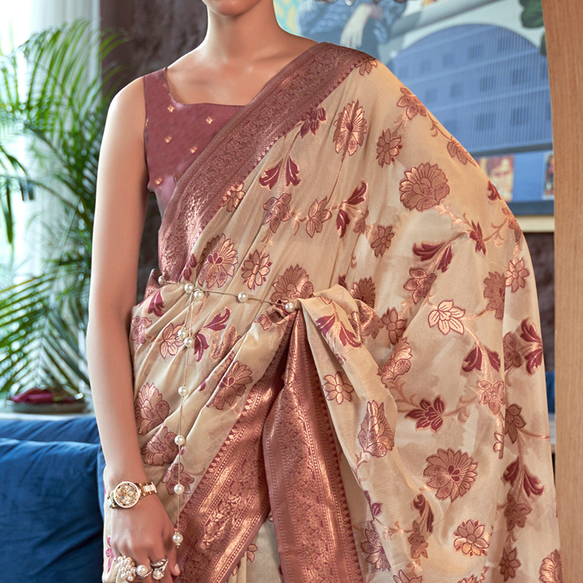 Beige Woven Organza Saree With Tassels