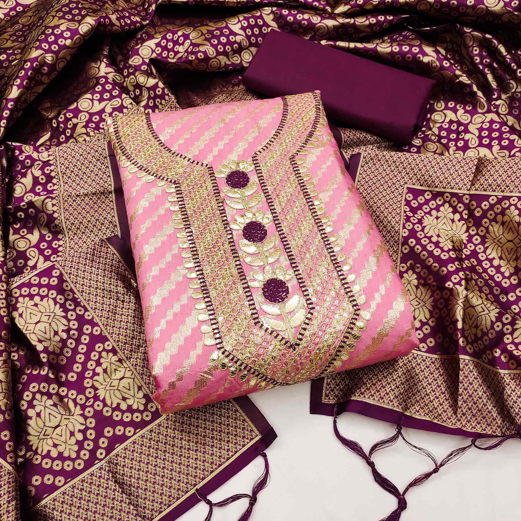 Pink Woven With Embroidered Chanderi Dress Material