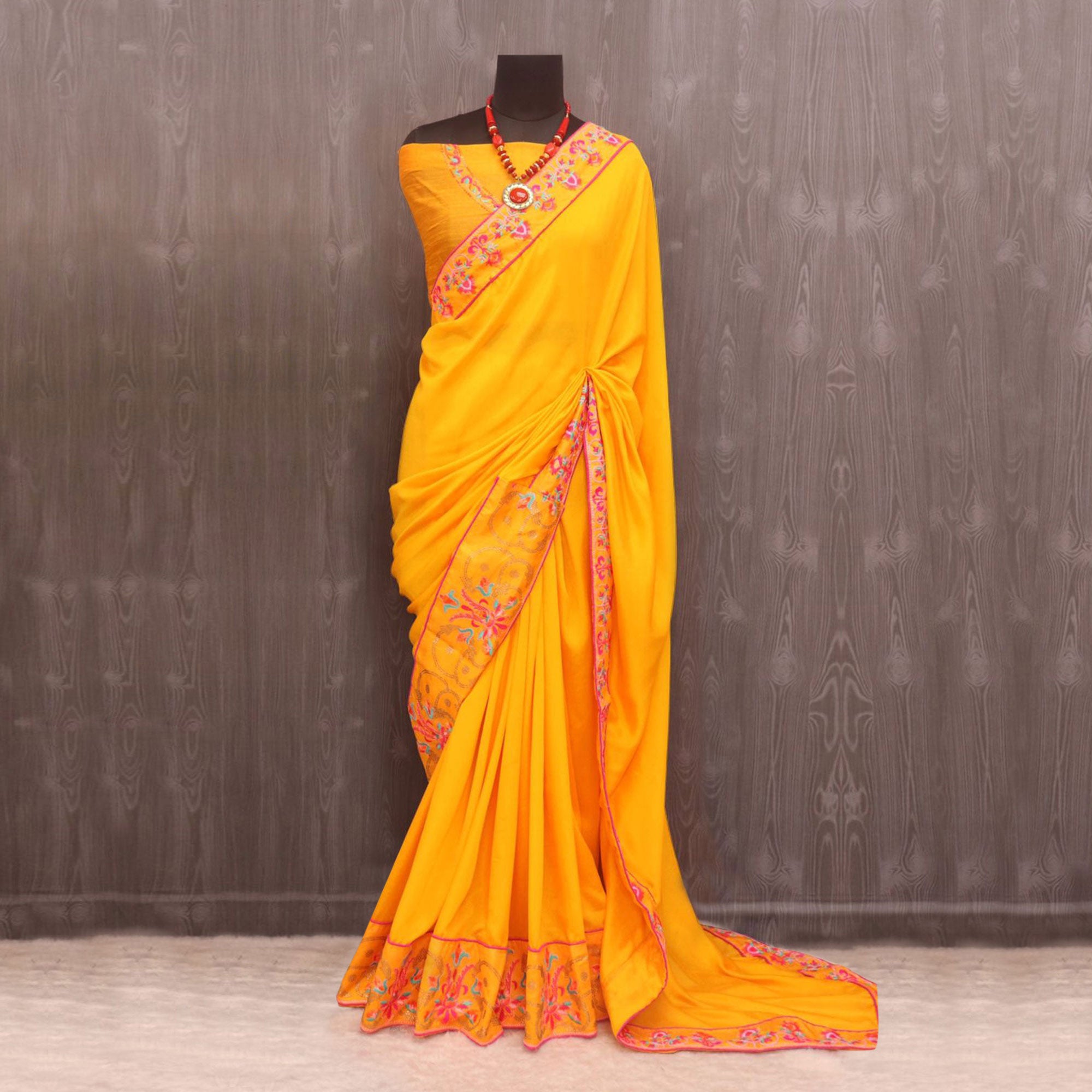 Yellow Floral Embroidered Vichitra Silk Saree