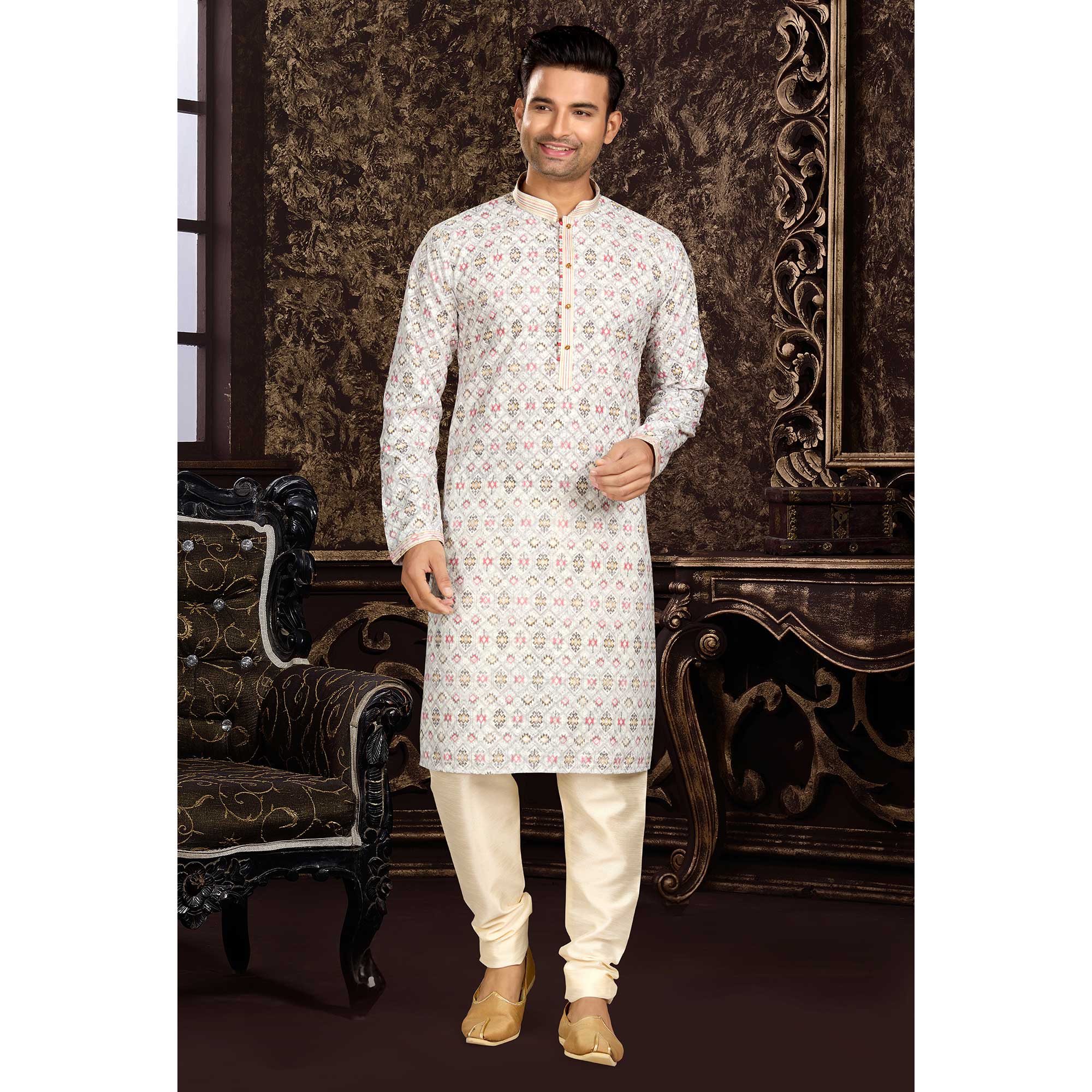 Offwhite Lucknowi And Digital Printed Cotton Kurta Pyjama Set