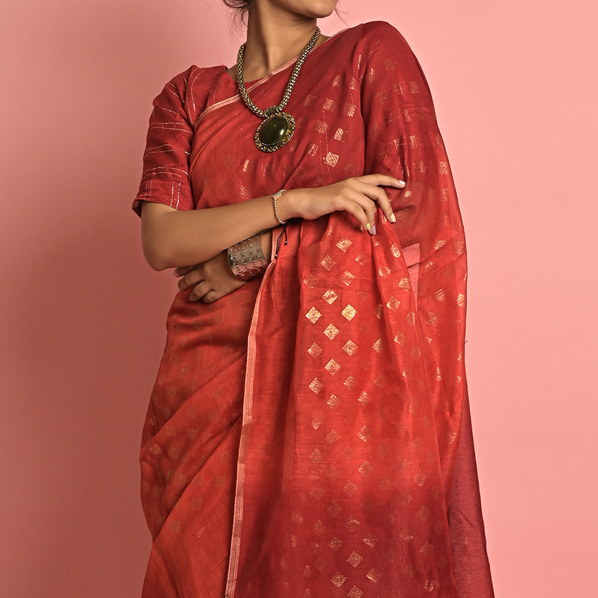 Red & Coral Foil Printed Cotton Blend Saree