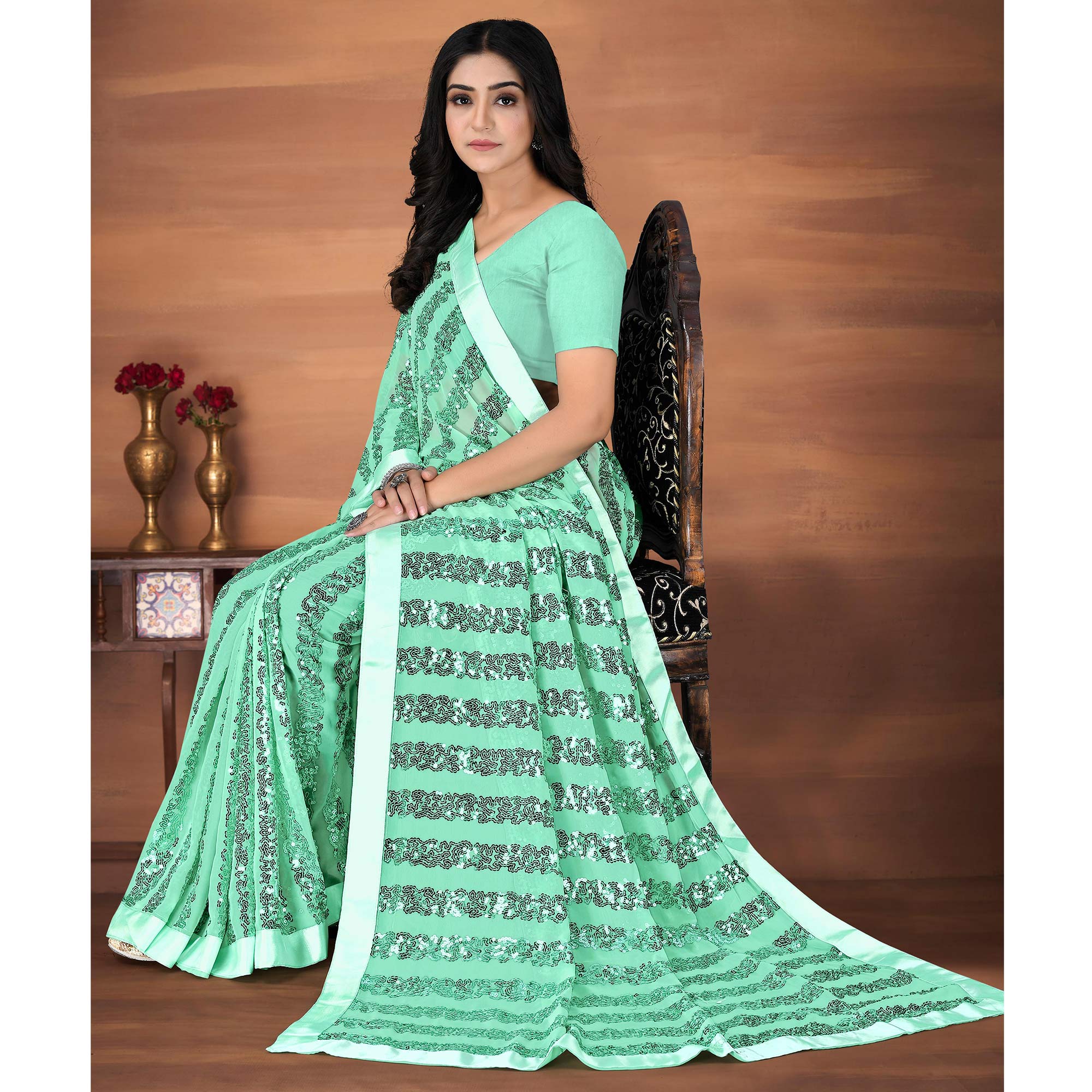 Aqua Green Sequins Embroidered Georgette Saree