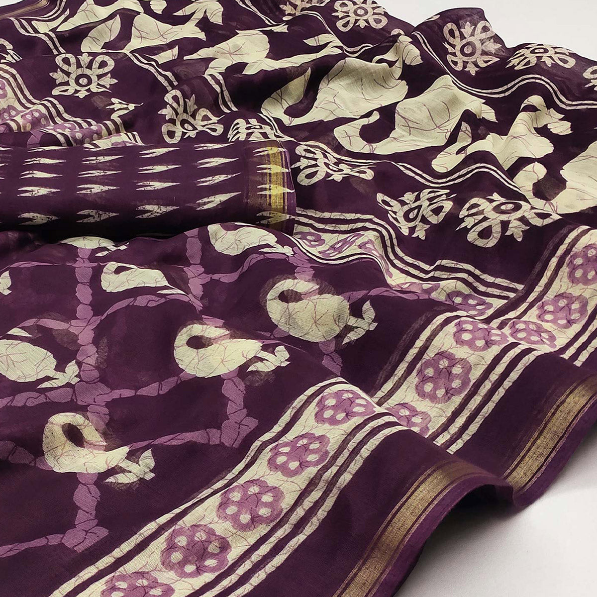 Purple Printed Cotton Blend Saree