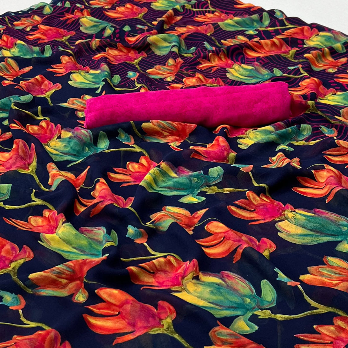 Navy Blue Floral Digital Printed Georgette Saree
