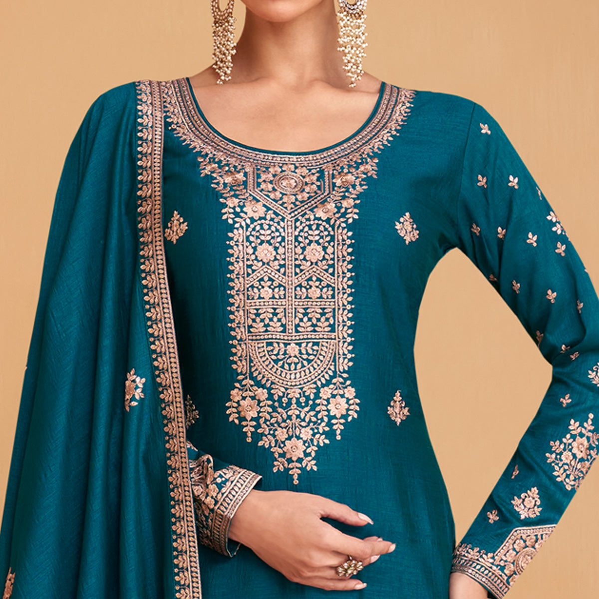 Rama Blue Embroidered Art Silk Palazzo Suit