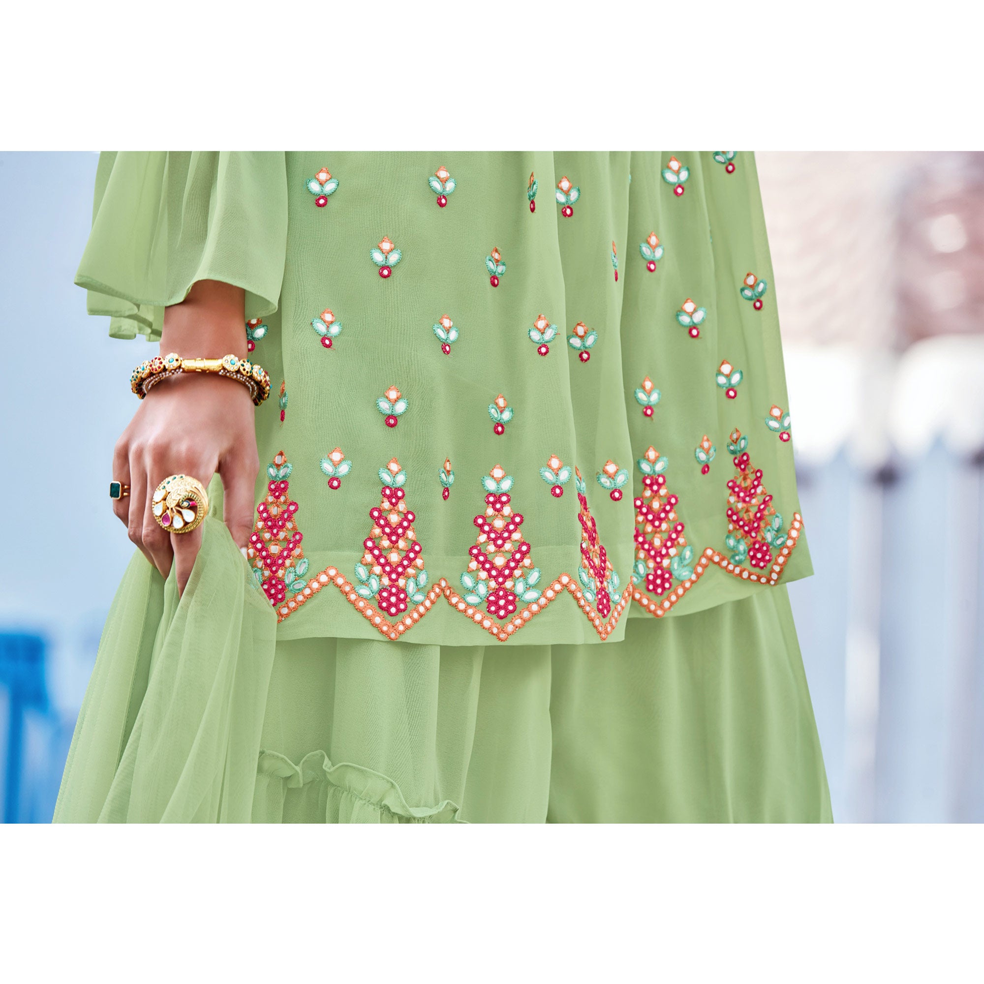 Pista Green Floral Embroidered Georgette Sharara Suit