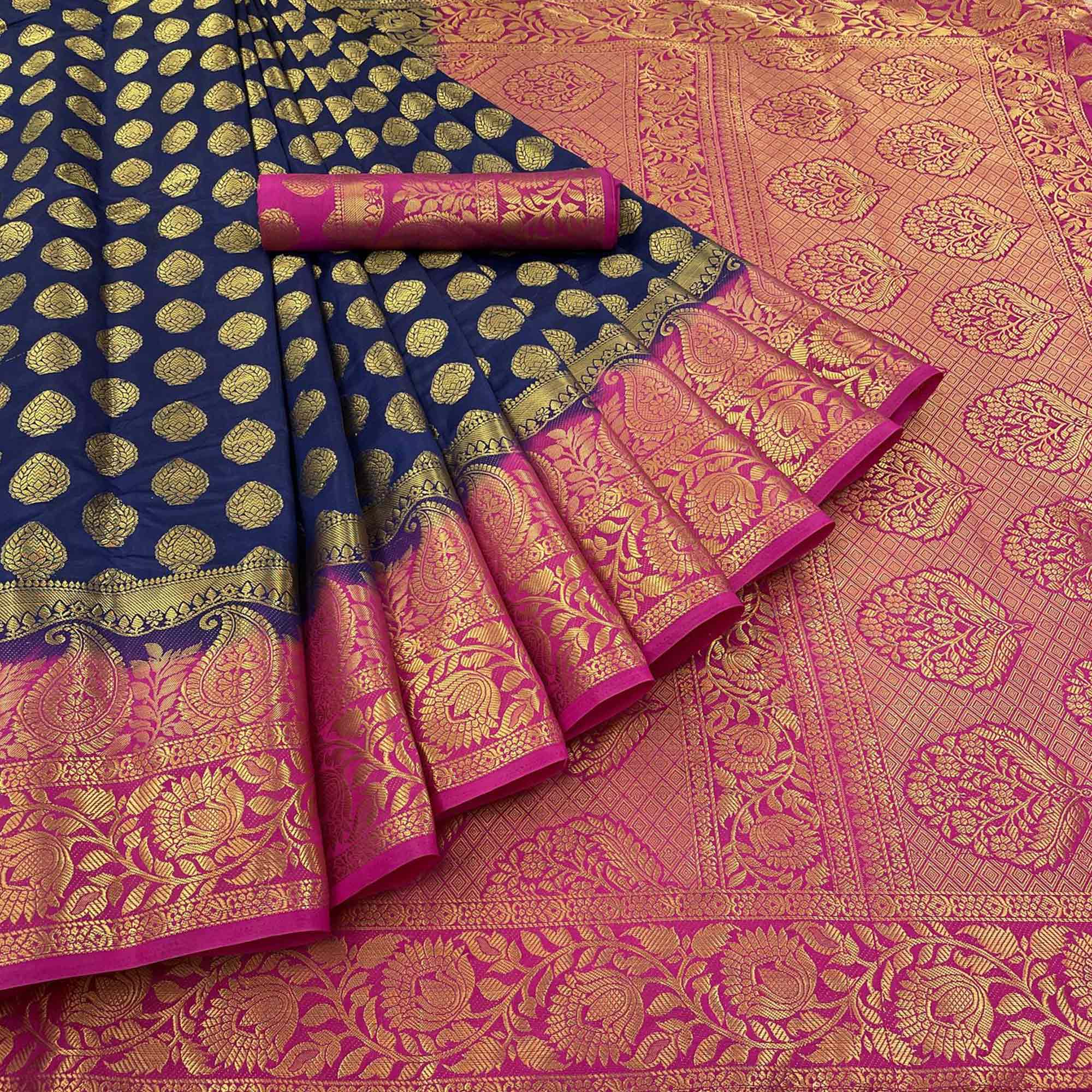 Navy Blue Woven Banarasi Silk Saree