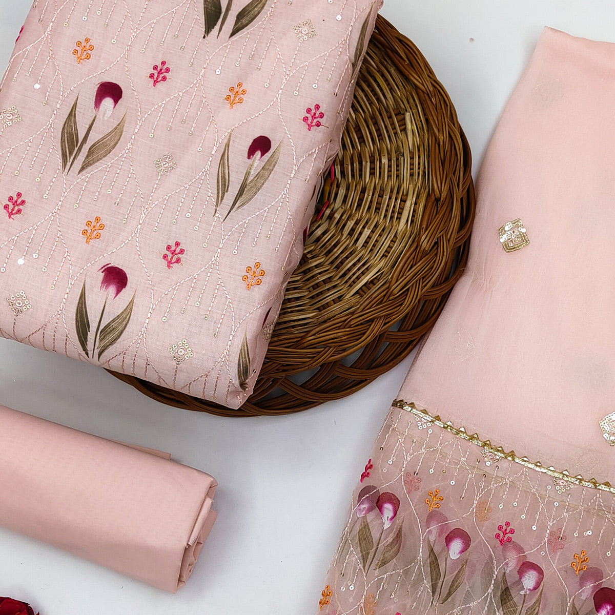 Peach Sequins  Embroidered Chanderi Dress Material