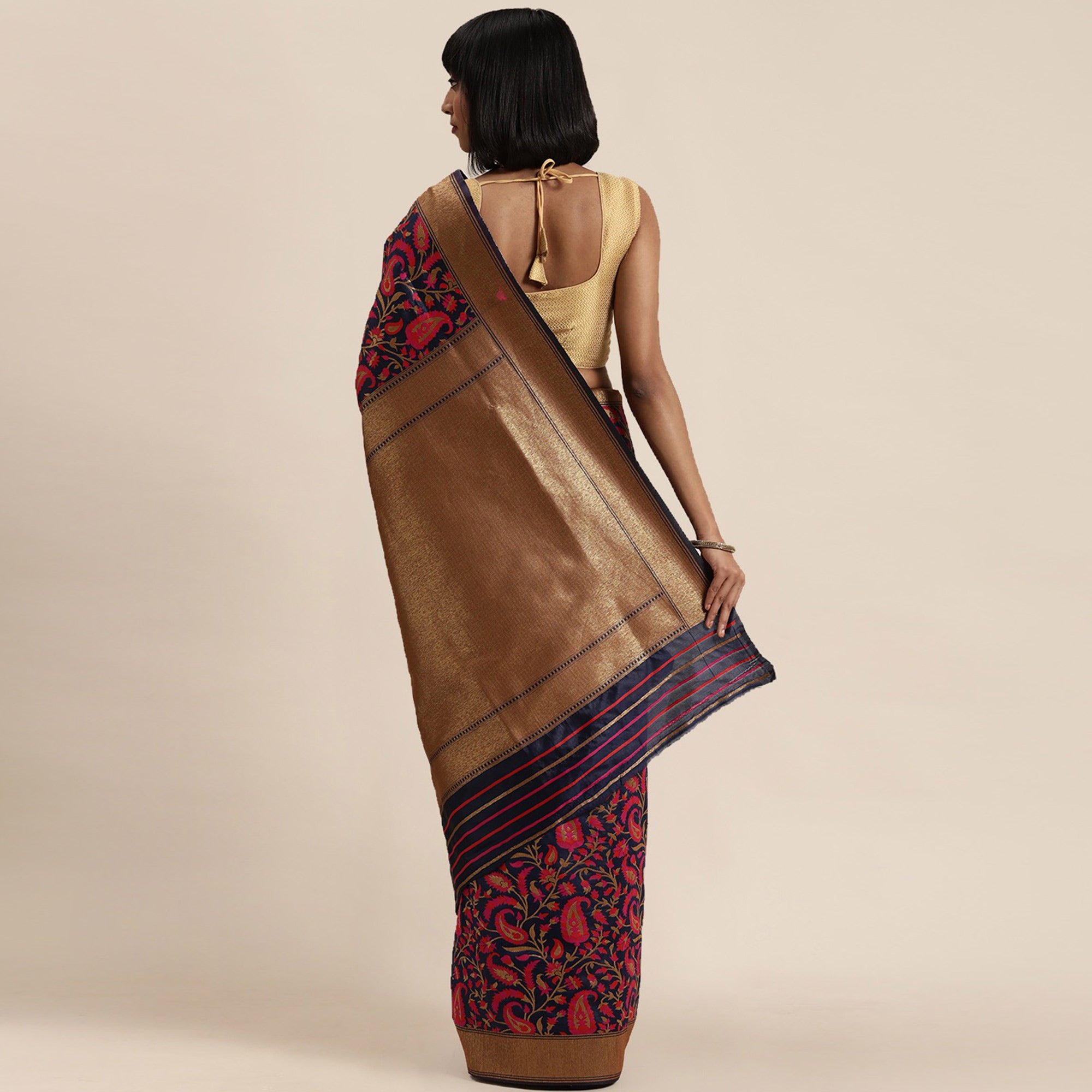 Navy Blue Designer Kanjivaram Readymade/Easy Saree
