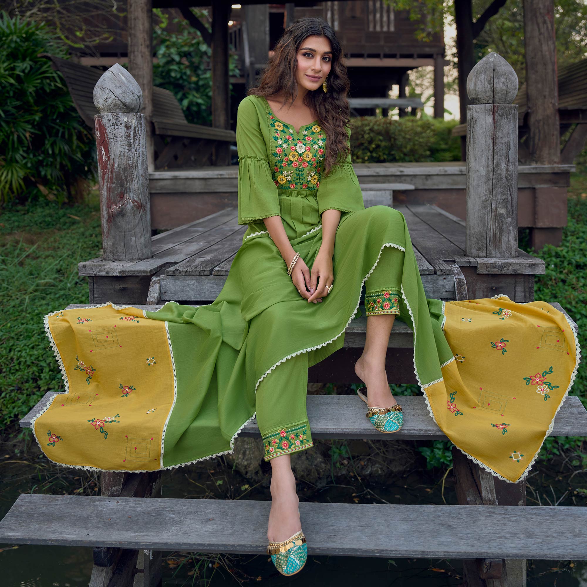 Green Embroidered Pure Cotton Suit