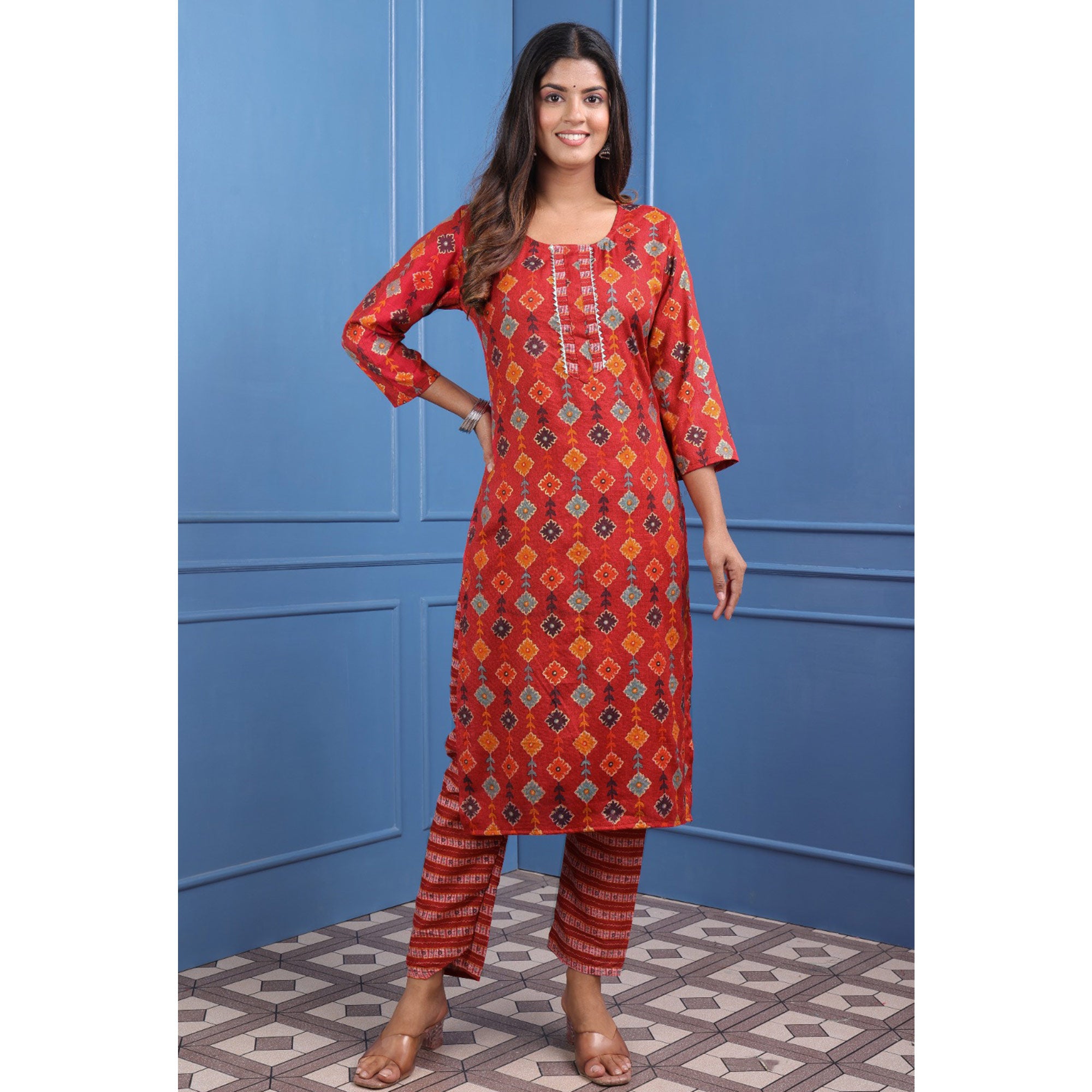 Red Floral Foil Printed Rayon Suit