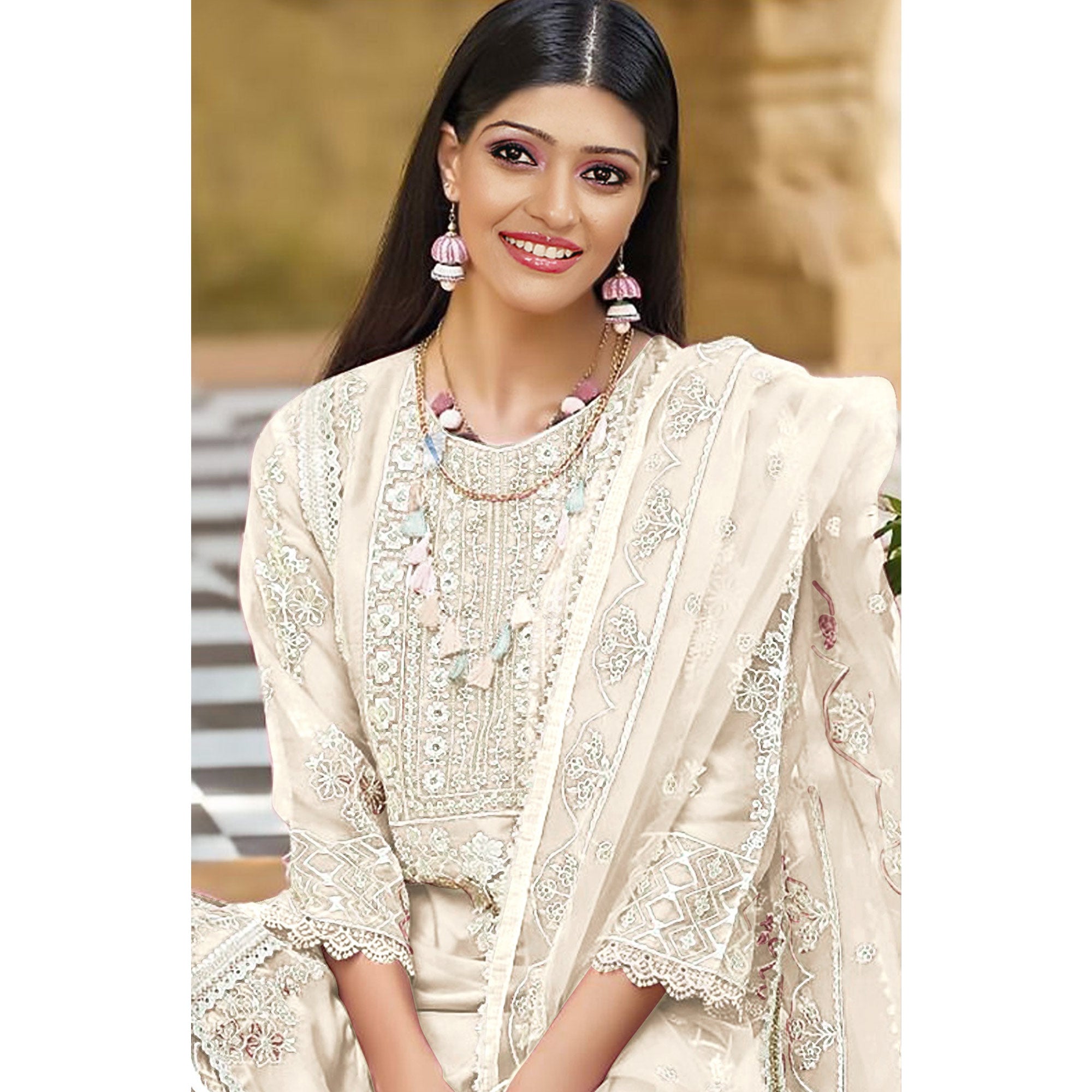 White Floral Embroidered Organza Pakistani Suit