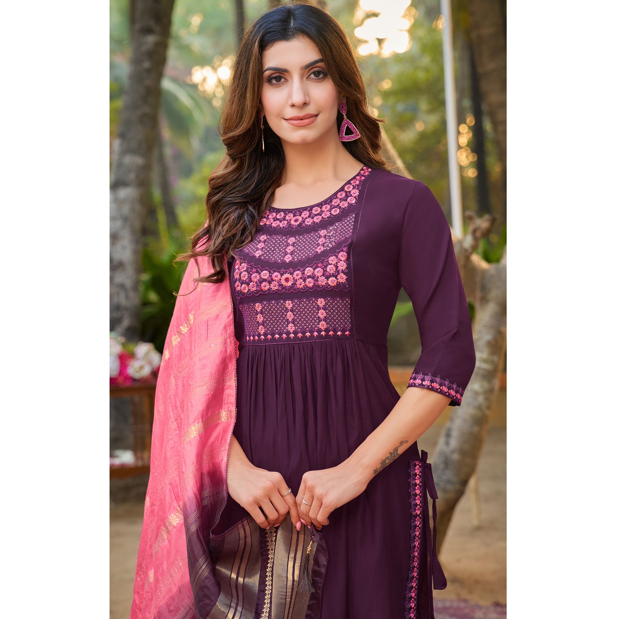 Purple Floral Embroidered Pure Silk Naira Cut Suit