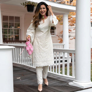 White Lucknowi Embroidered Pure Cotton Kurti Pant Set