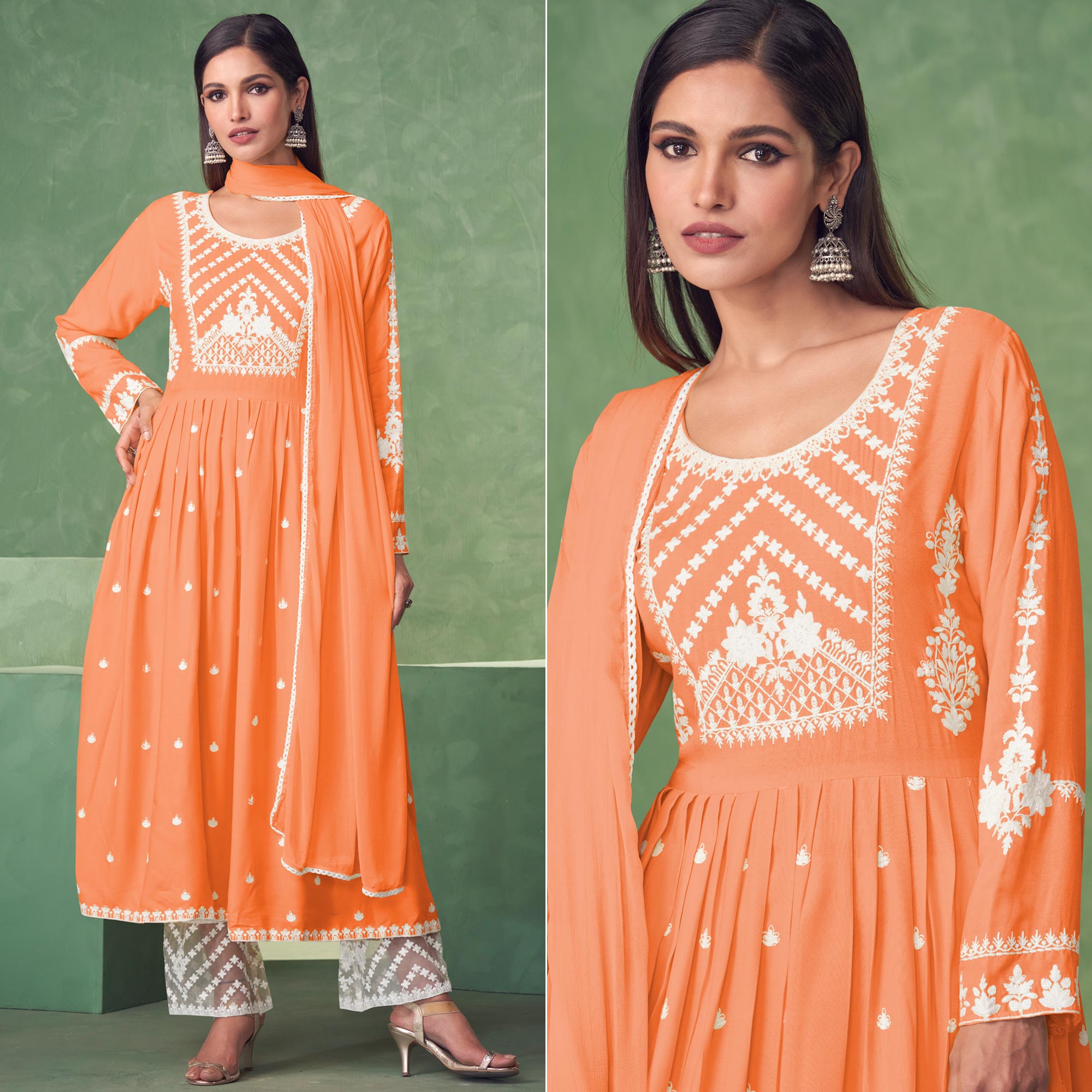 Orange Lucknowi Work Rayon Naira Cut Palazzo Suit