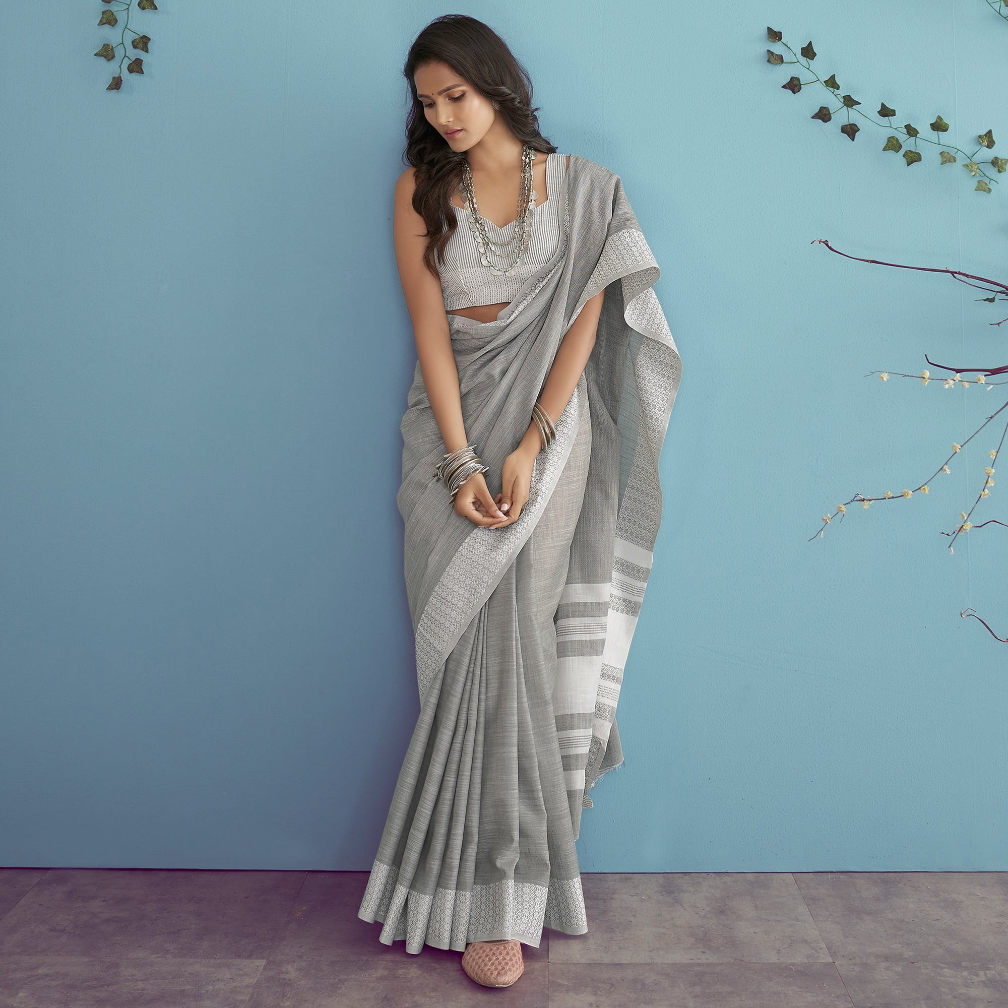 Grey Woven Linen Saree