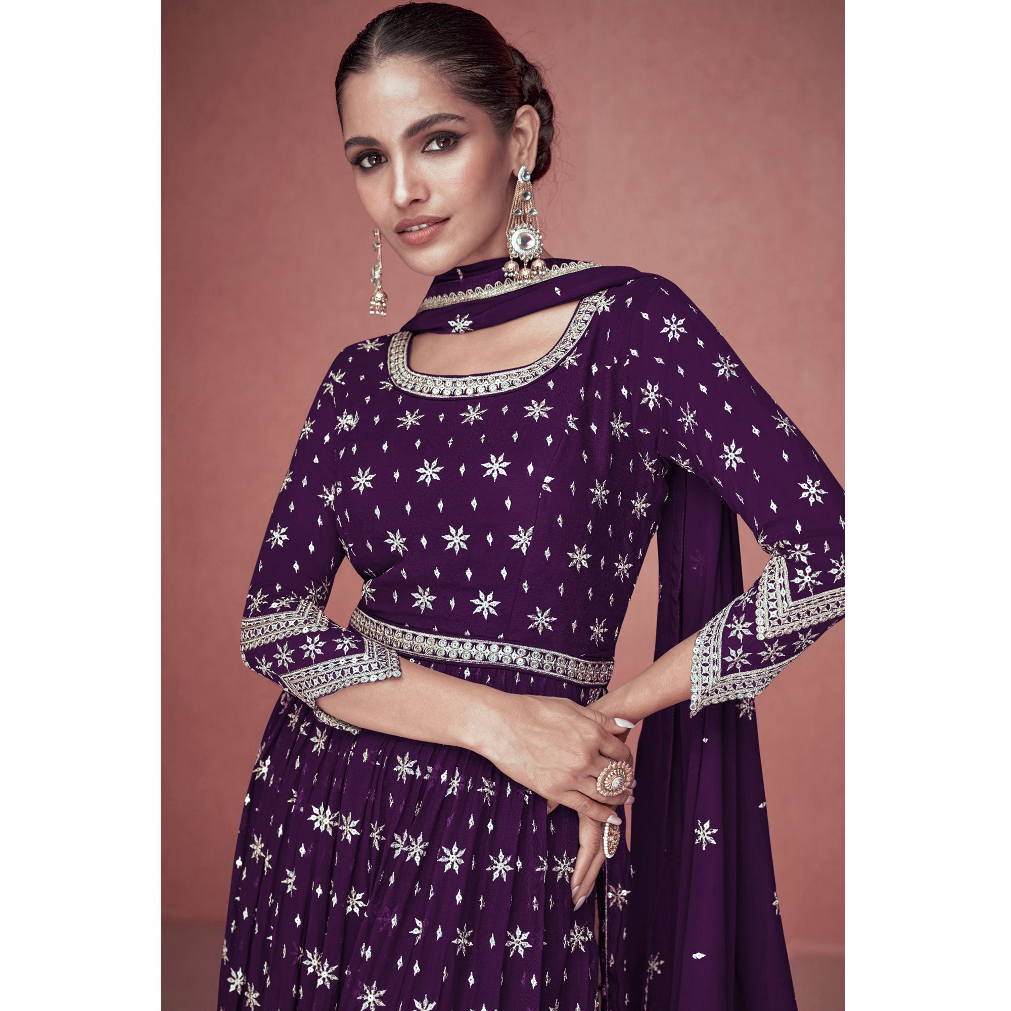 Purple Sequins Embroidered Georgette Semi Stitched Naira Cut Suit