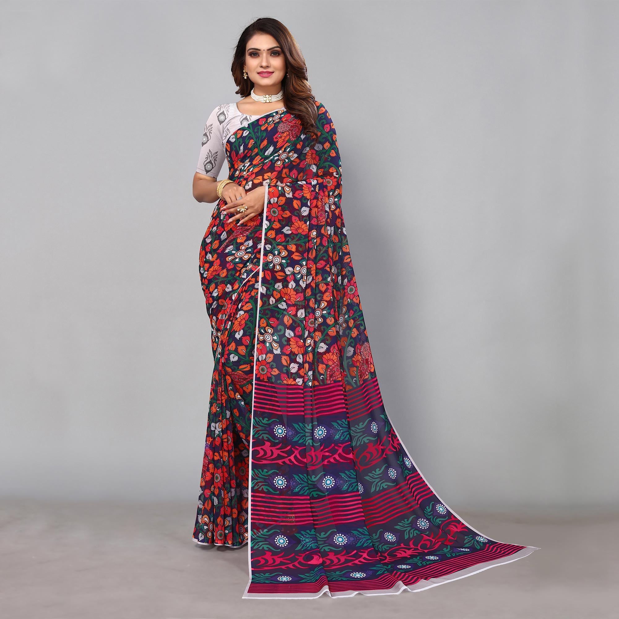 Navy Blue Digital Printed Georgette Saree