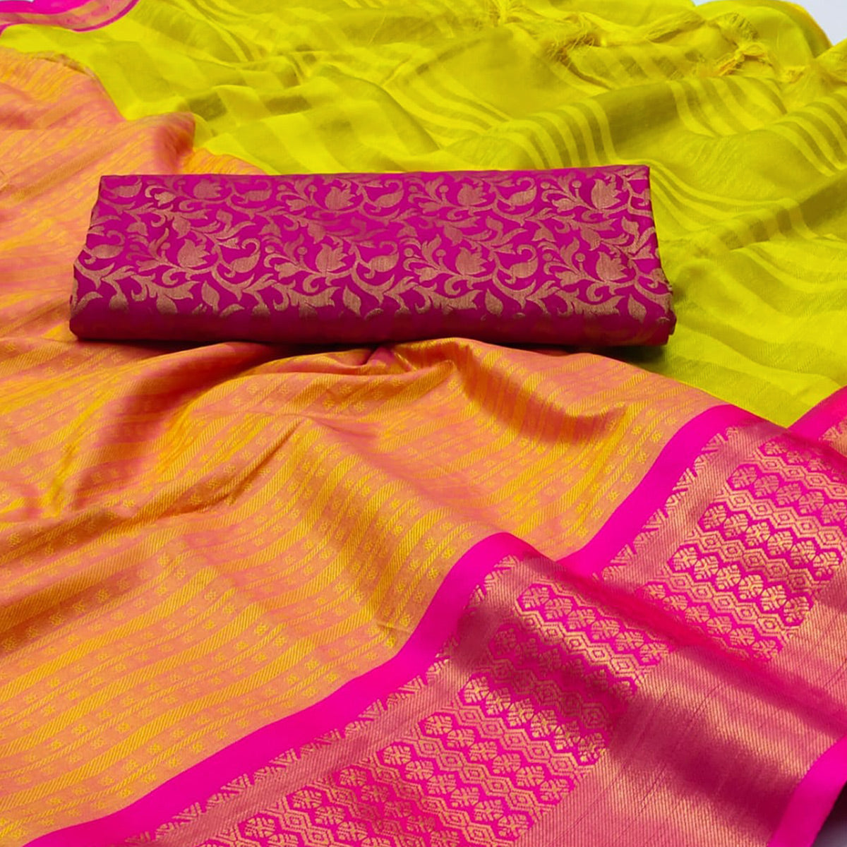 Lemon Green Woven Cotton Silk Saree