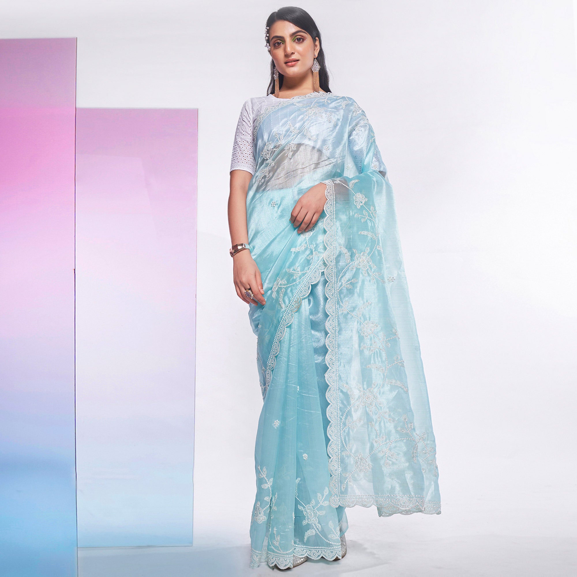 Blue Floral Embroidered Organza Saree