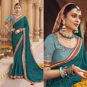 Teal Blue Embellished With Embroidered Border Satin Saree
