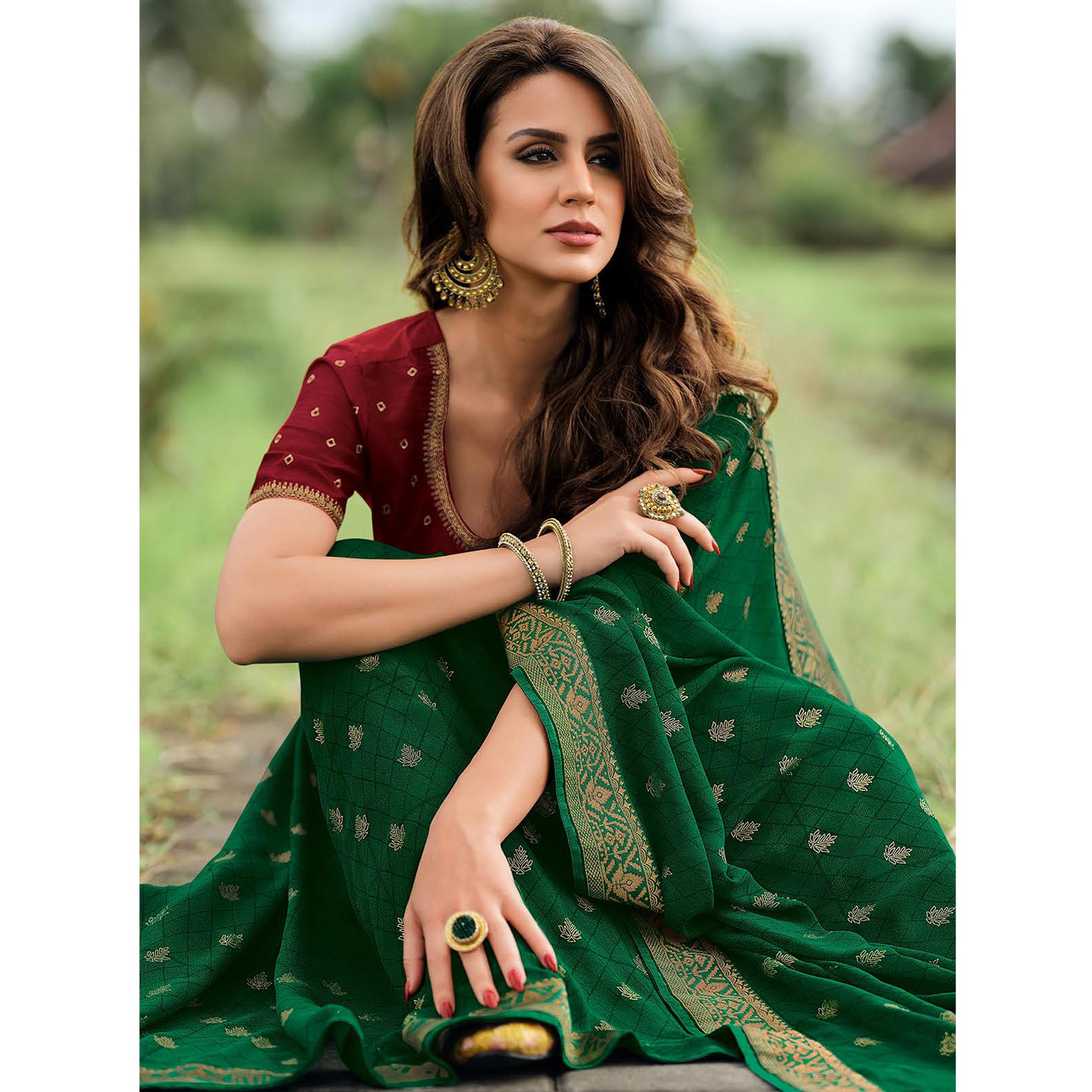 Green Foil Printed Georgette Saree