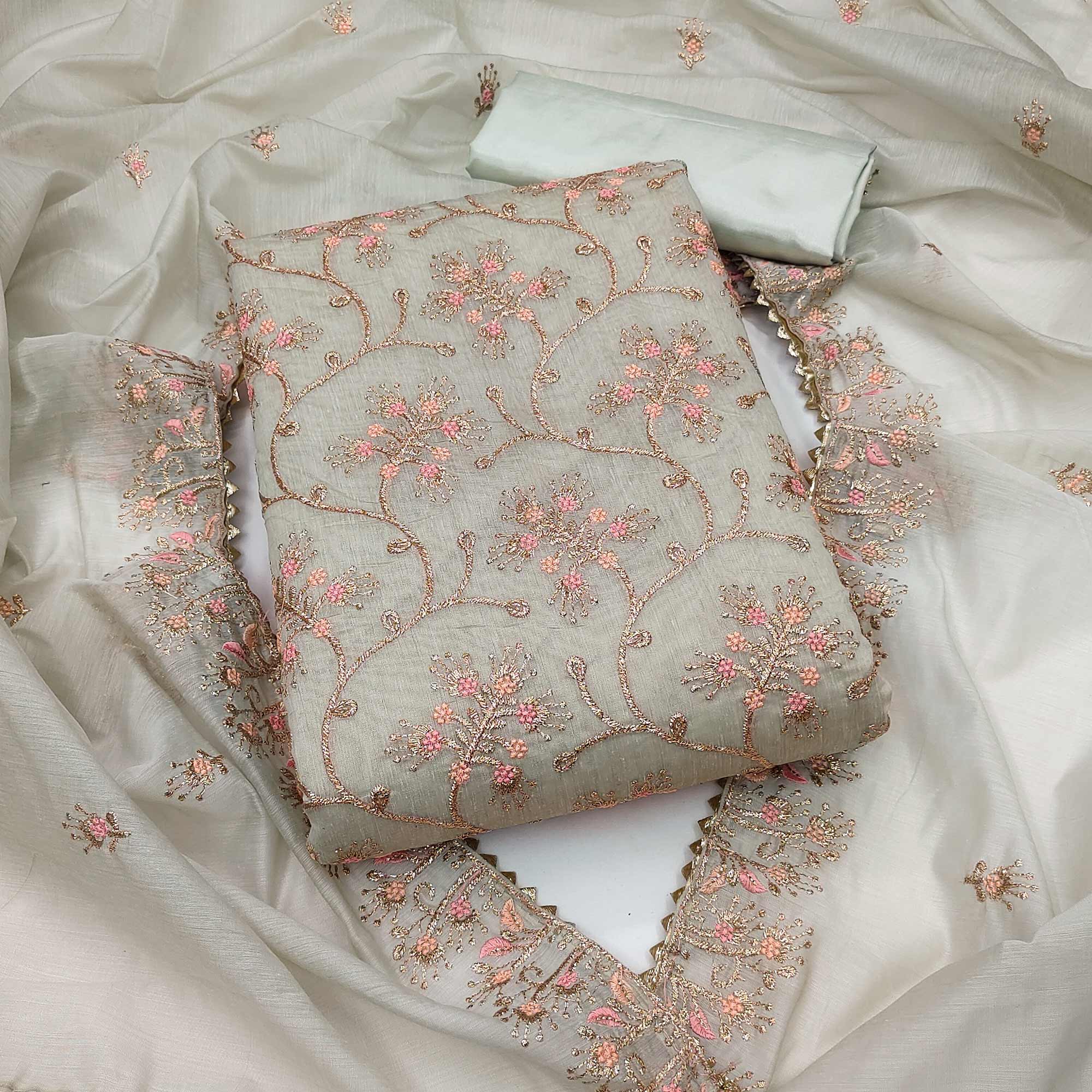 Grey Floral Embroidered Chanderi Dress Material