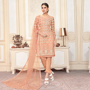 Peach Sequins Embroidered Net Semi Stitched Suit