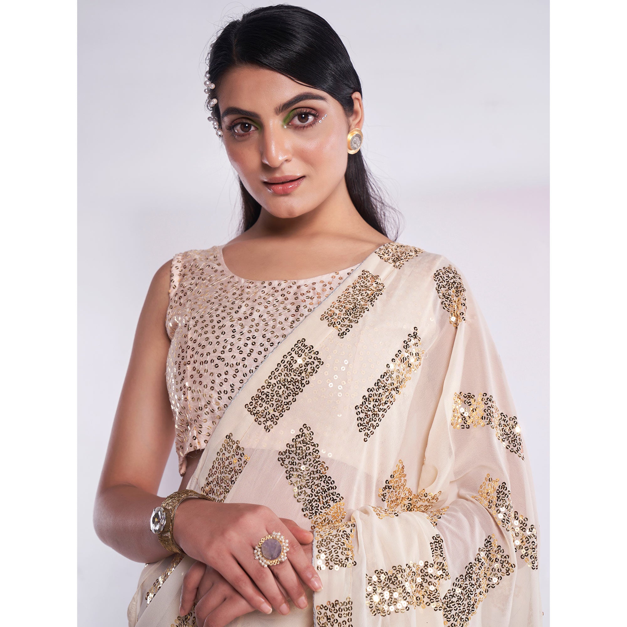 Cream Sequins Embroidered Georgette Saree