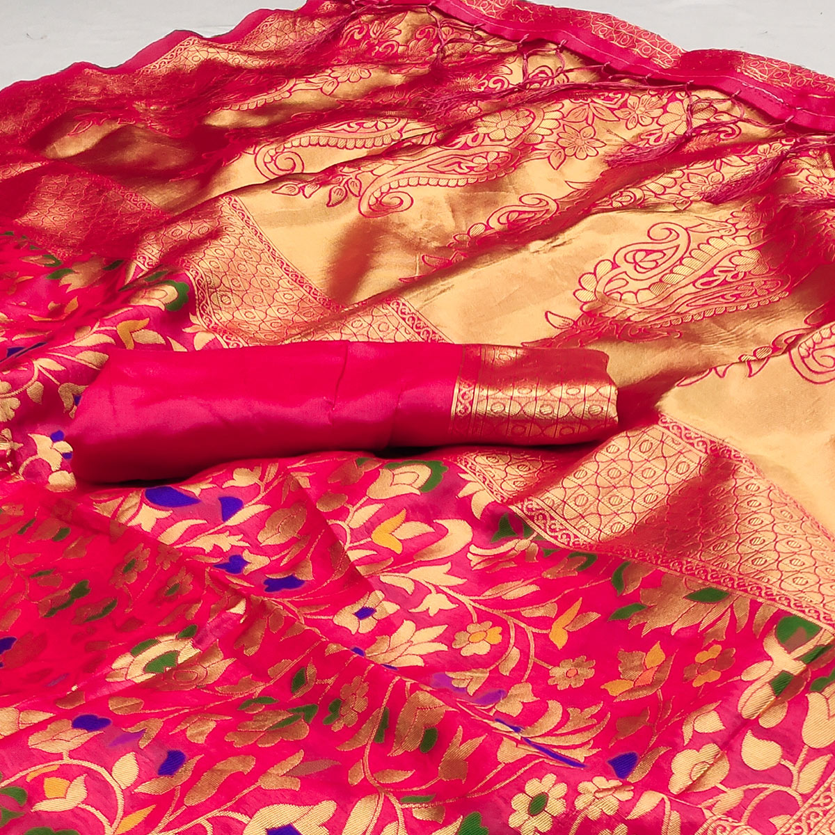 Pink Floral Woven Art Silk Saree