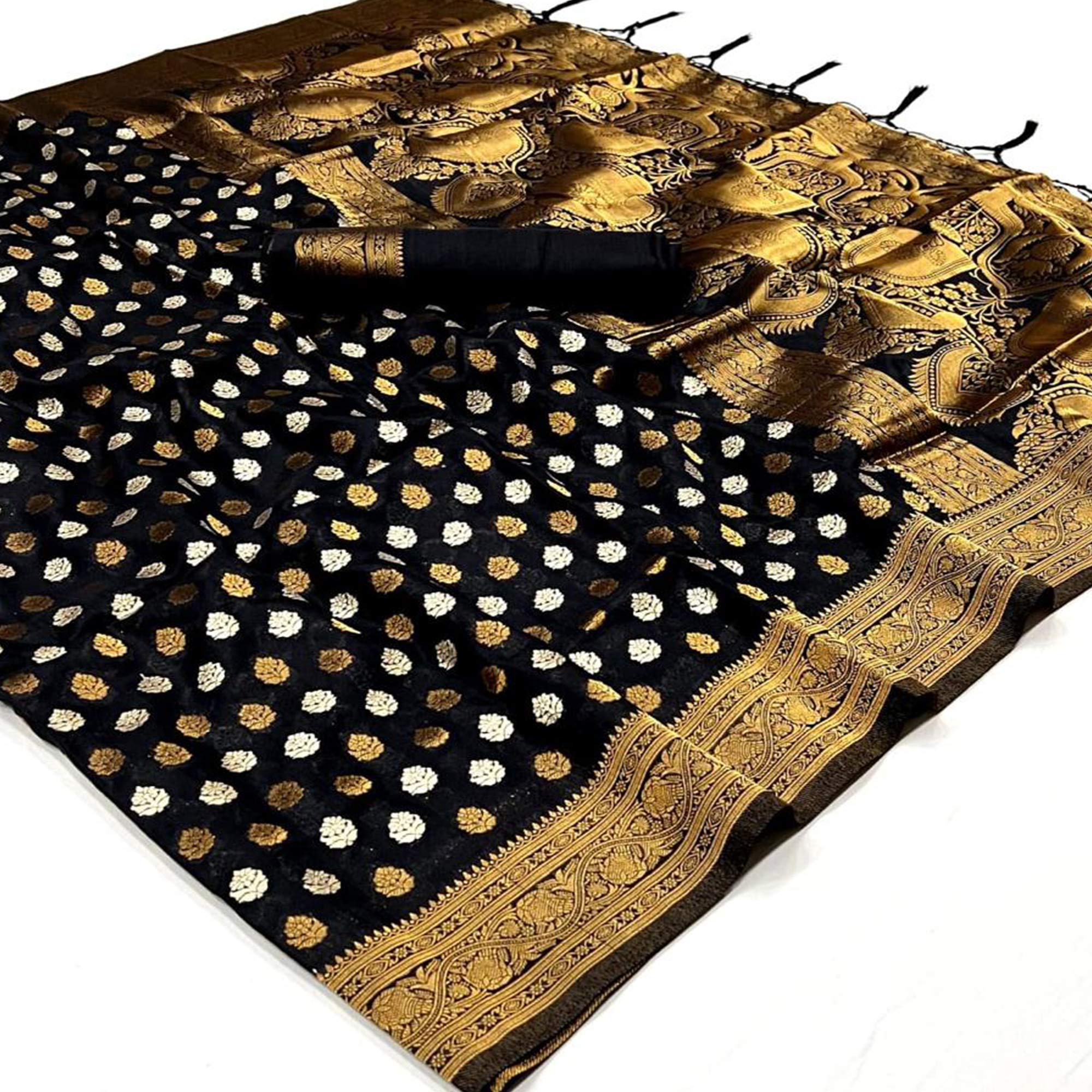 Black Woven Khadi Silk Saree With Tassels