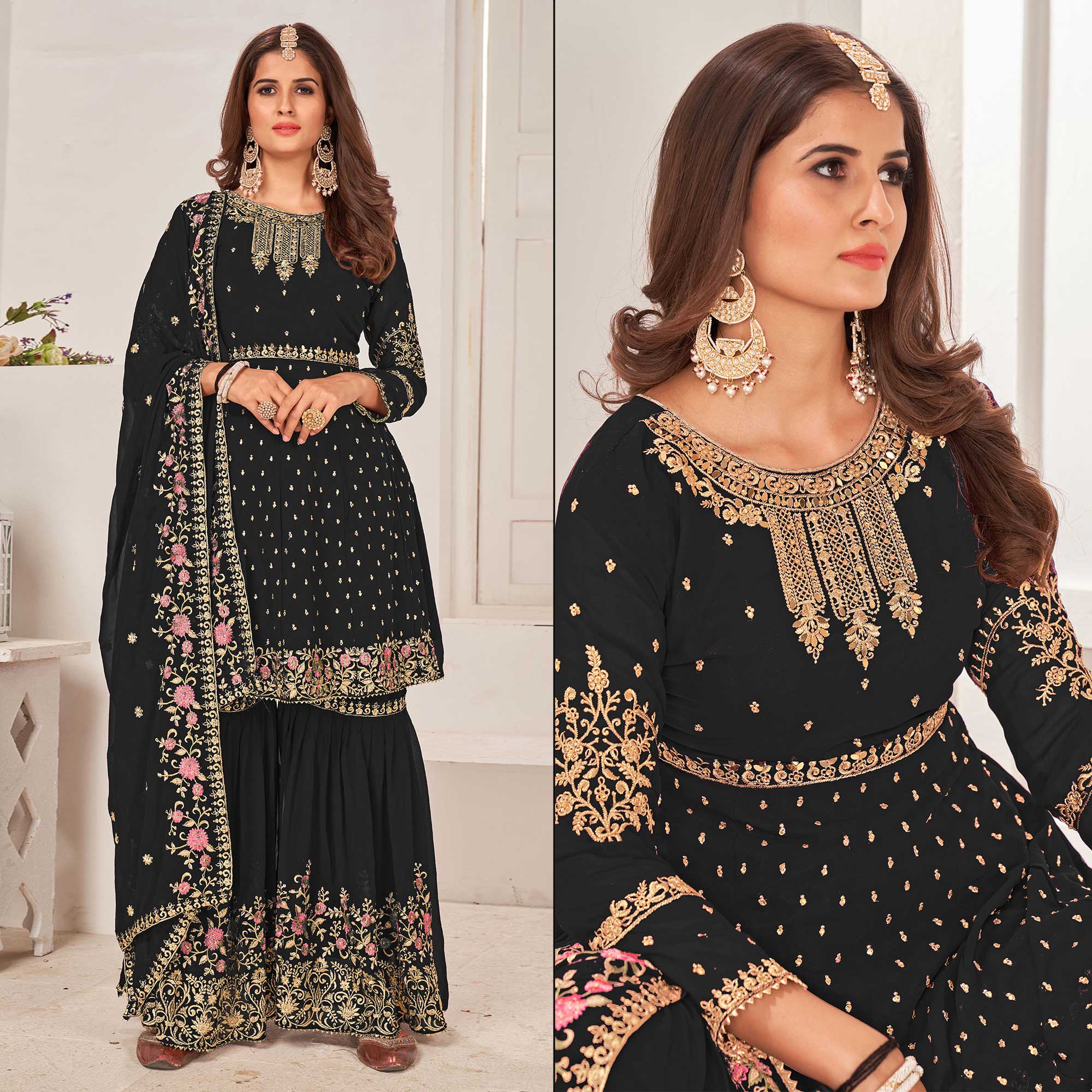 Black Sequins Embroidered Georgette Sharara Suit