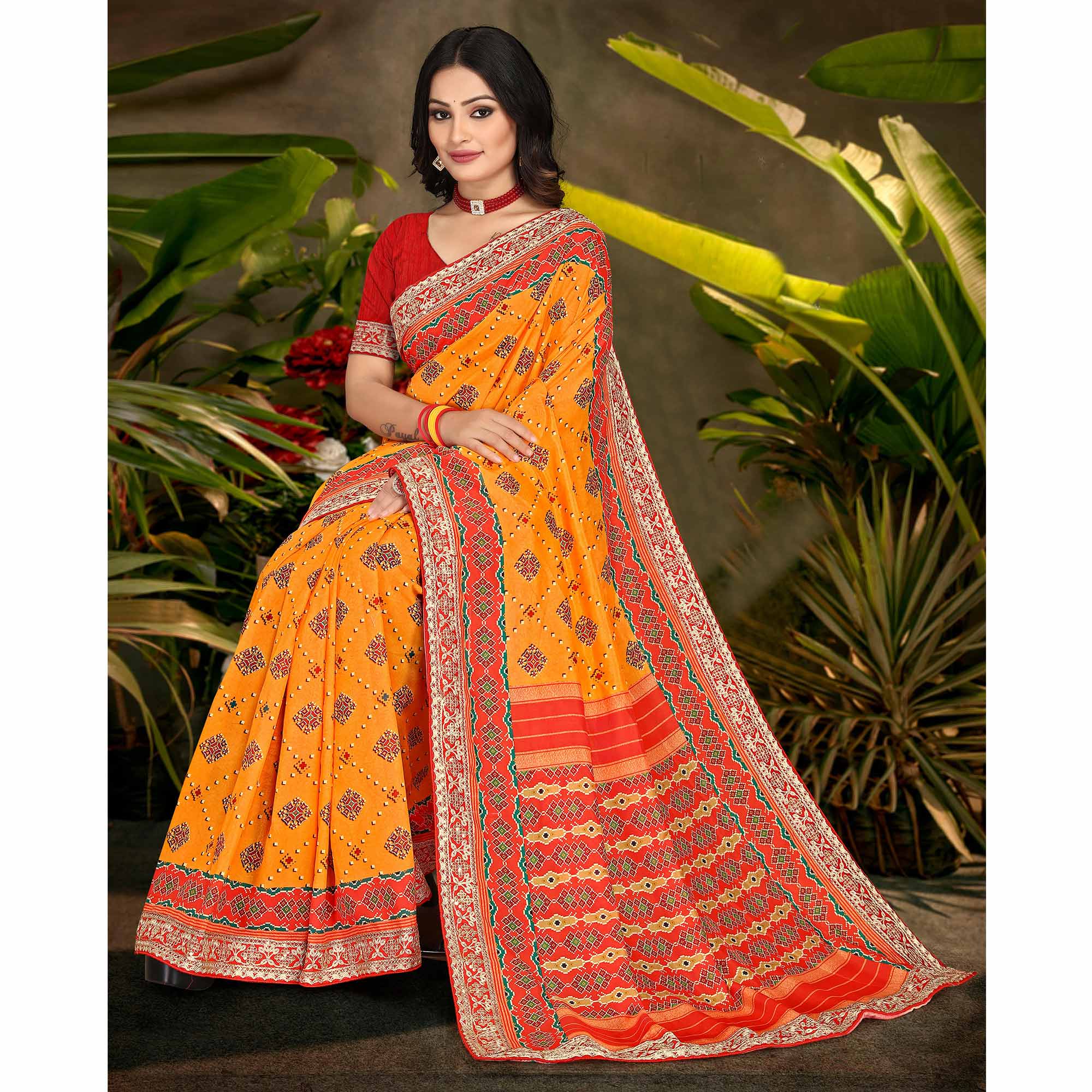 Mustard Digital Print With Sequins Vichitra Silk Saree