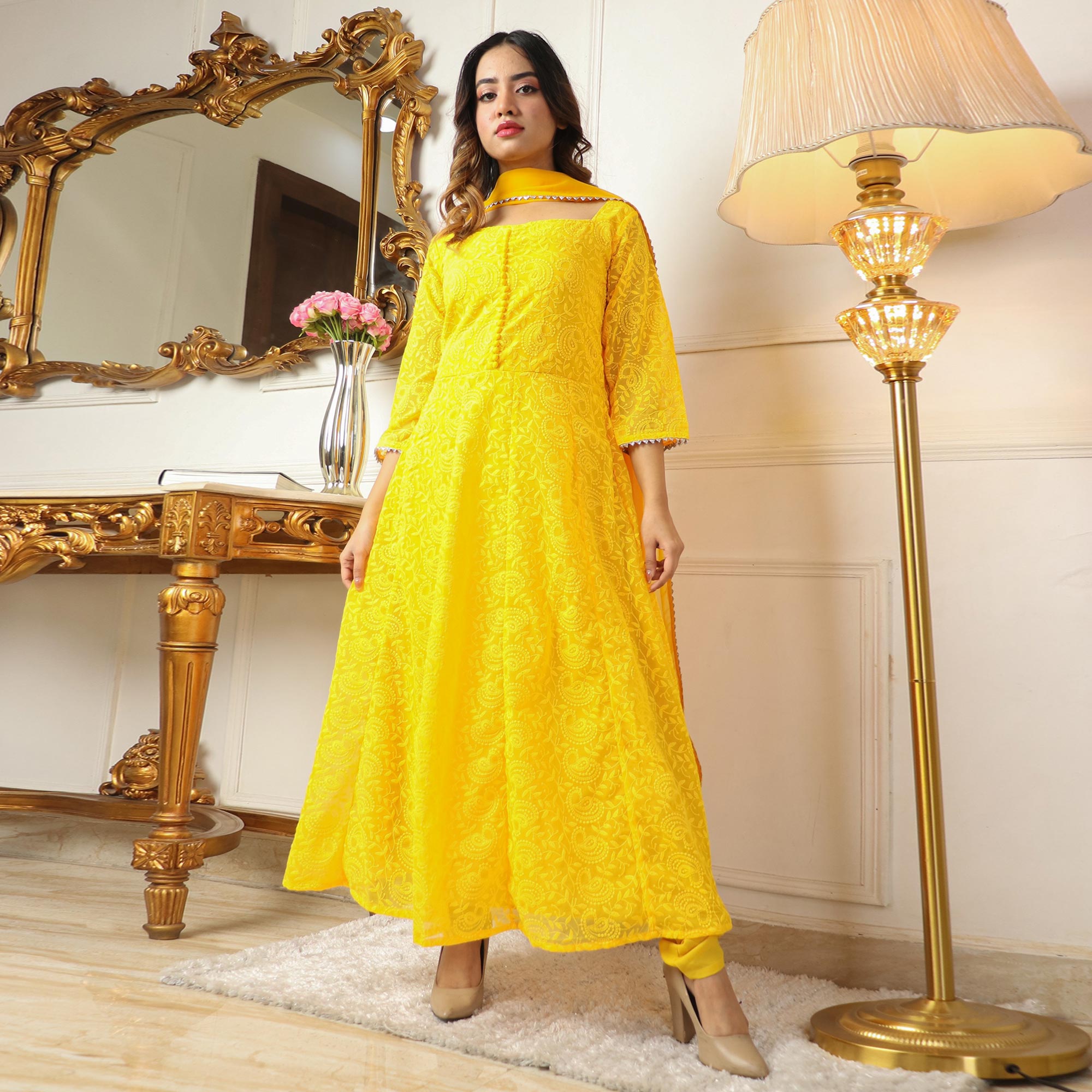 Yellow Chikankari Work Georgette Anarkali Suit