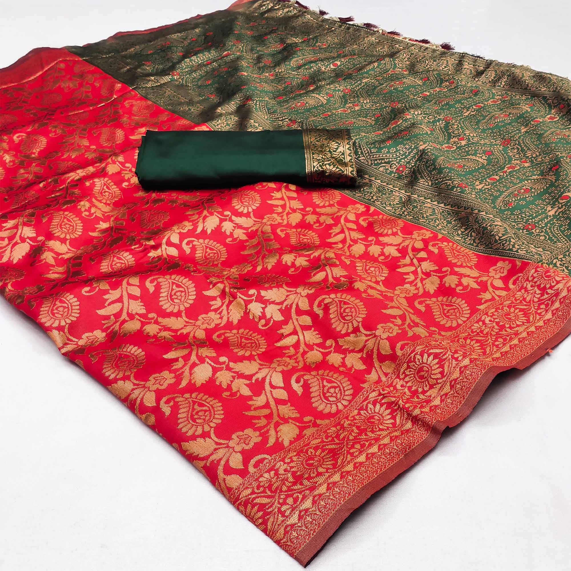Red Floral Woven Jacquard Saree