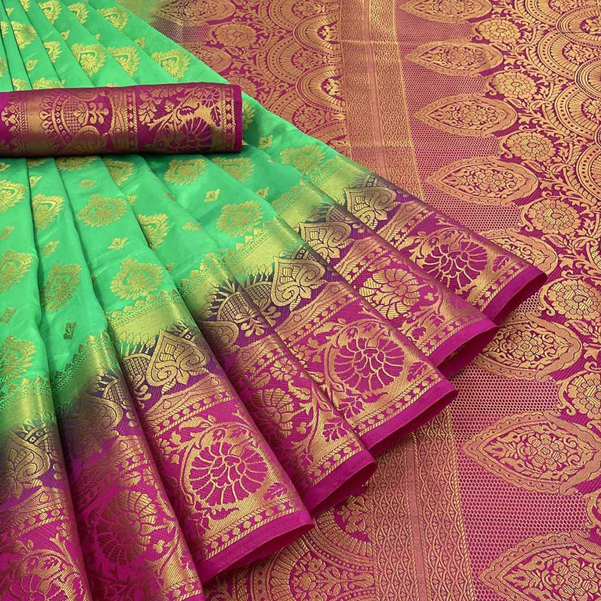 Parrot Green Woven Banarasi Silk Saree