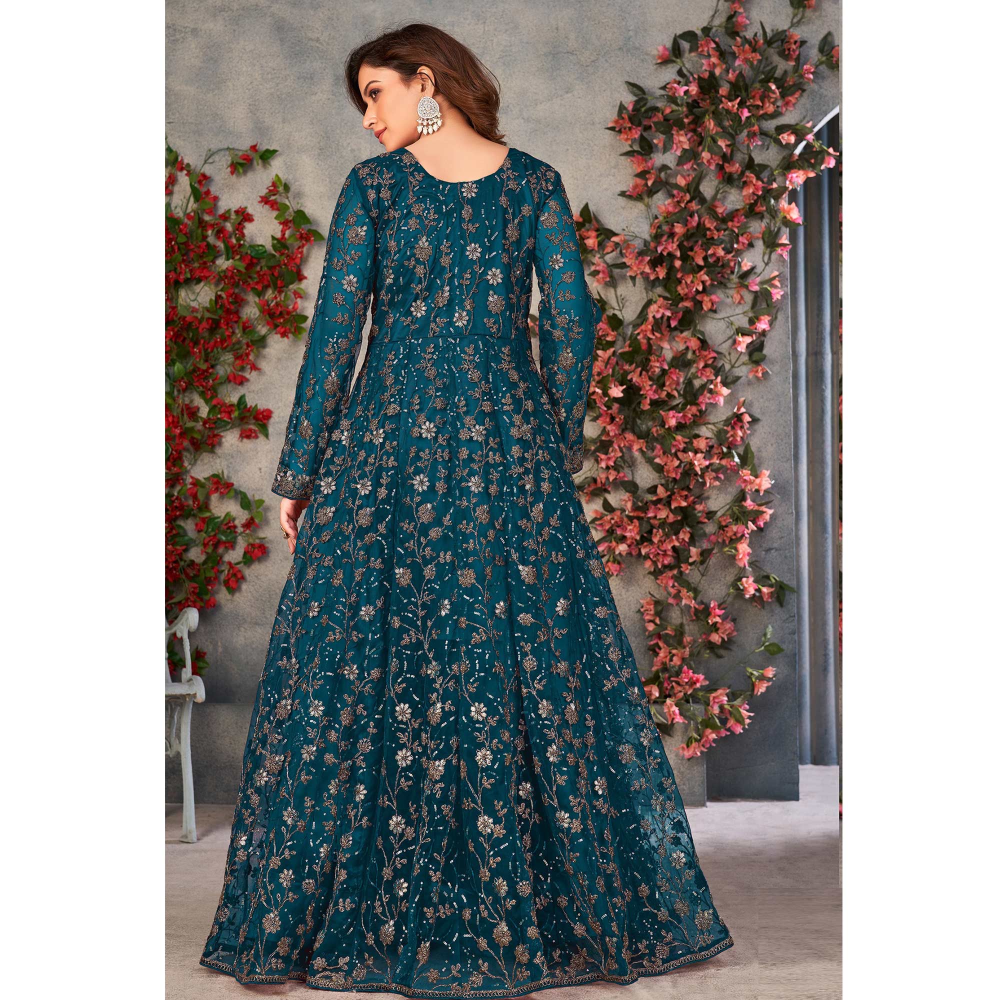 Sea Blue Zardosi Work Netted Gown