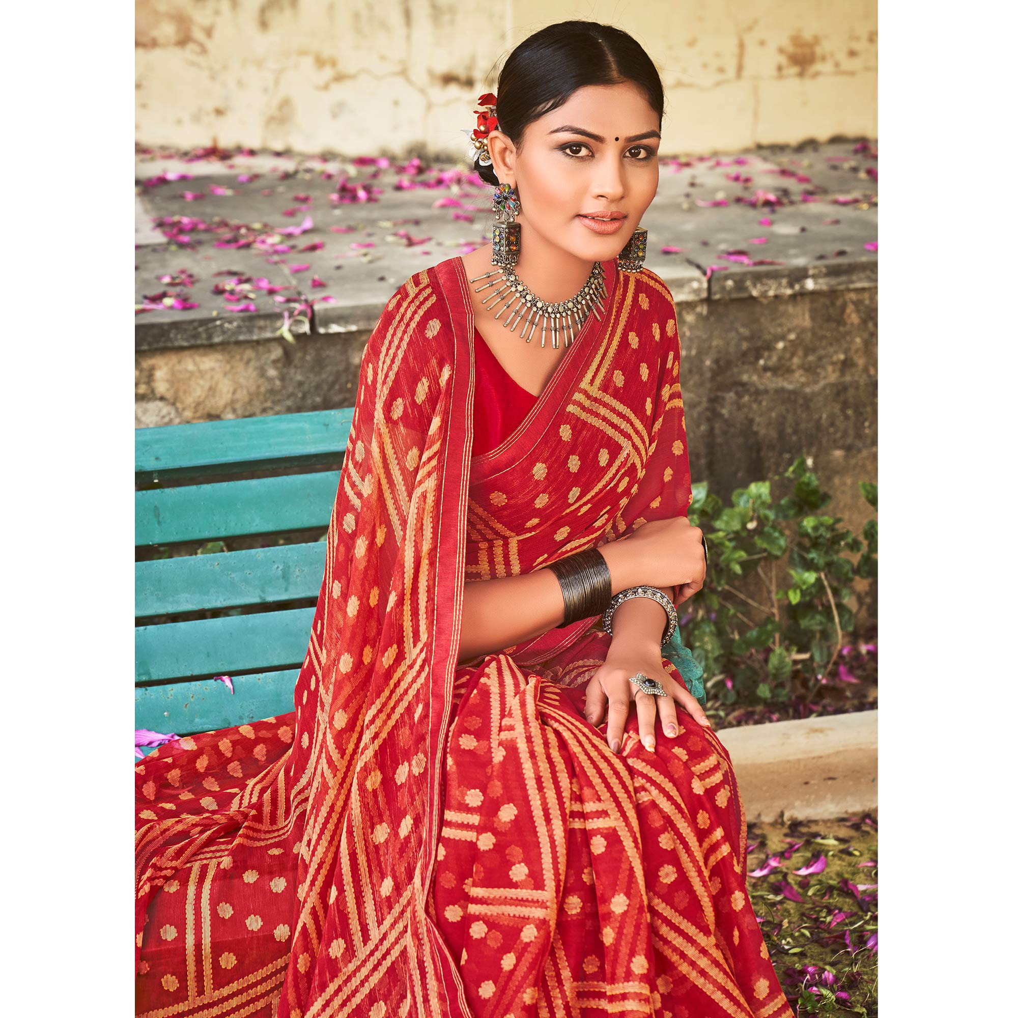 Red Printed Chiffon Saree