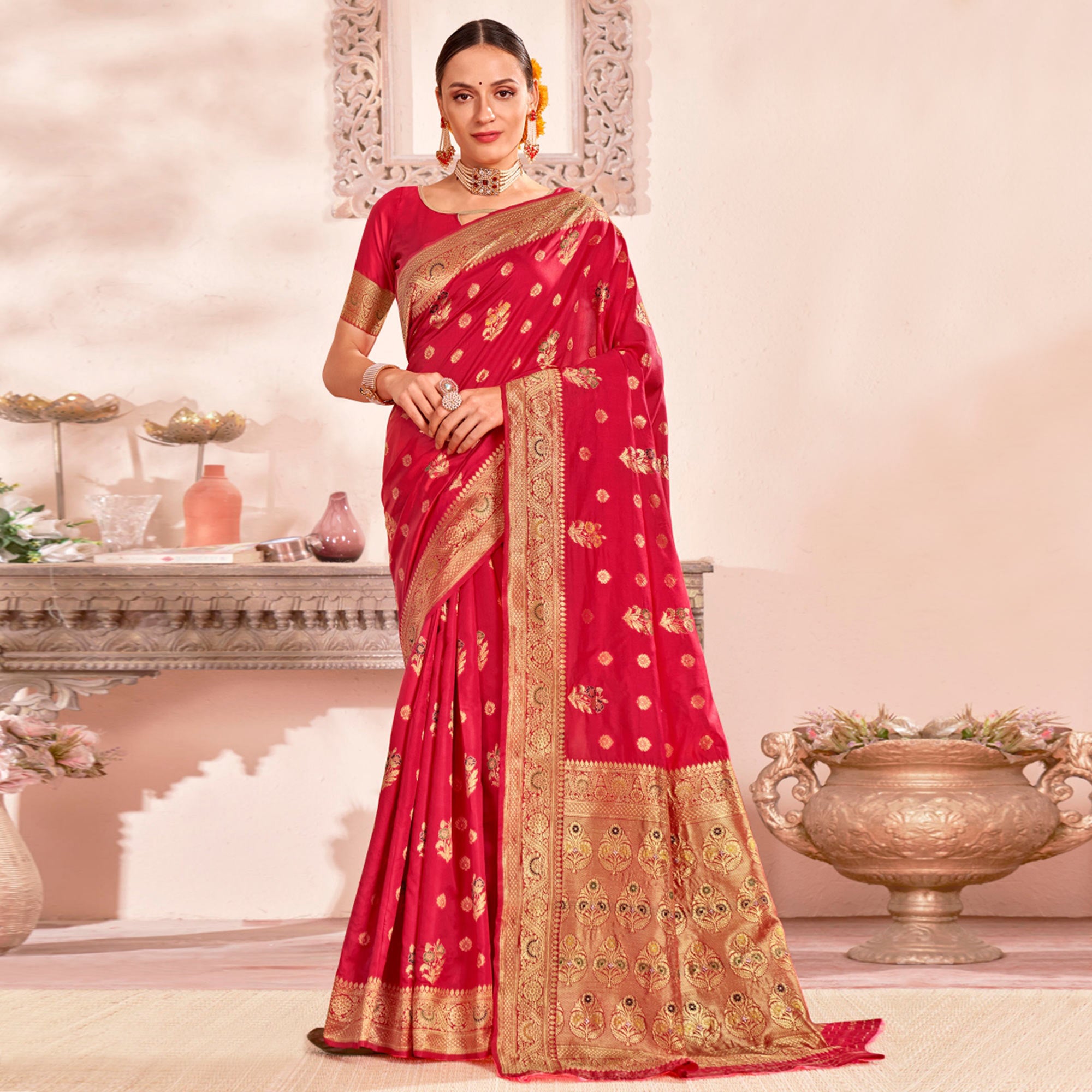 Pink Woven Art Silk Saree
