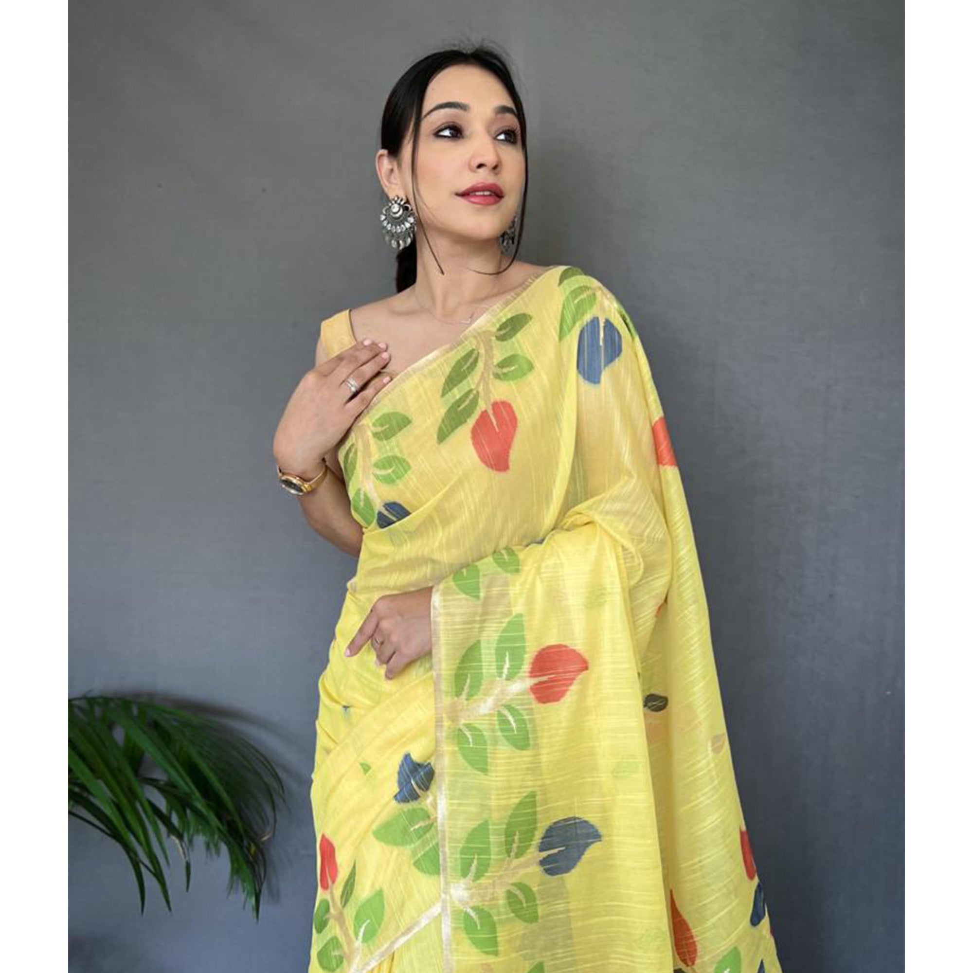 Yellow Floral Woven Cotton Saree