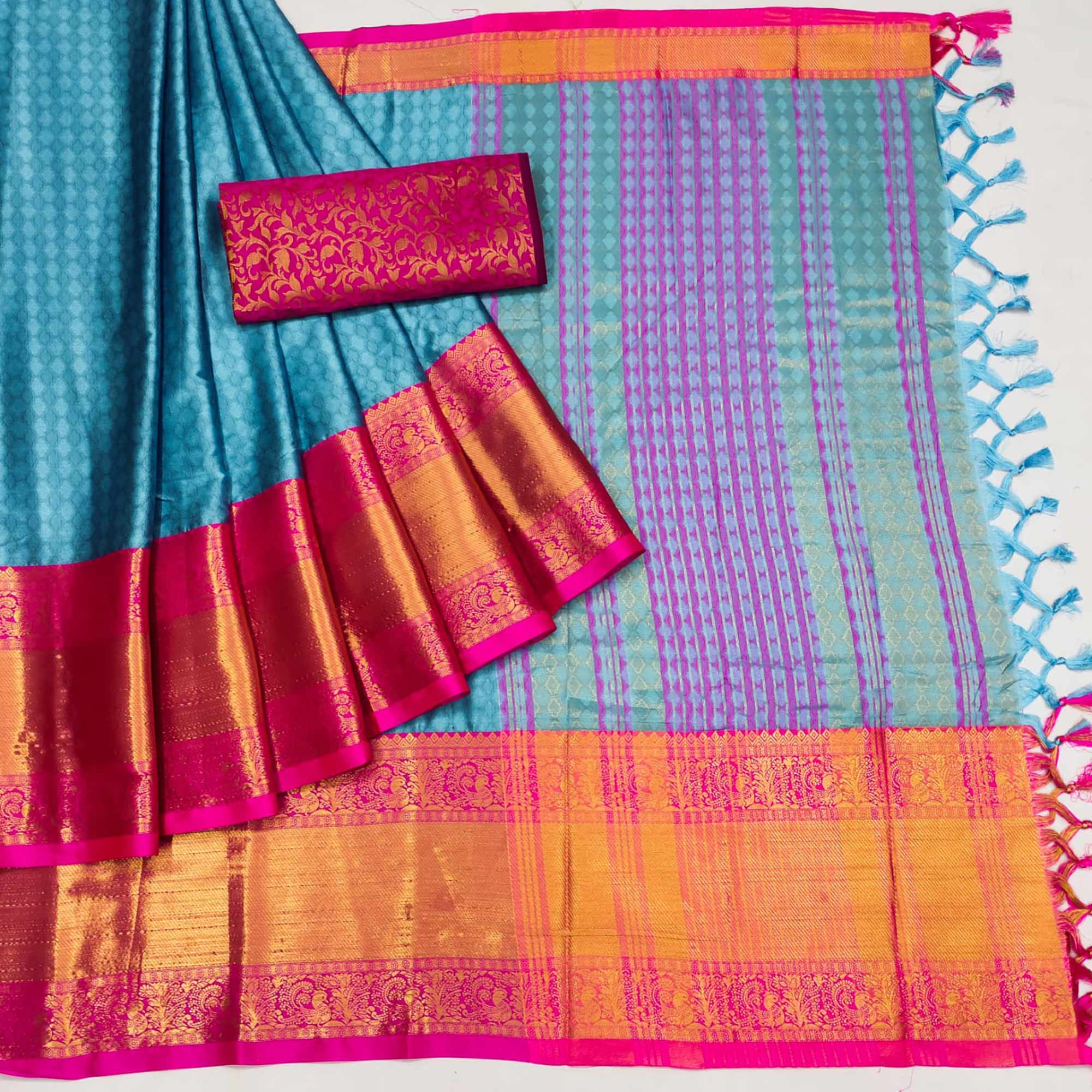 Sky Blue Woven Cotton Silk Saree With Tassels